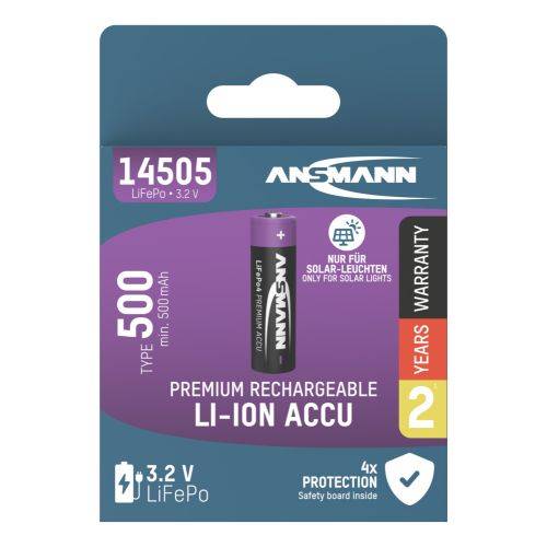 Verpackung für einen ANSMANN 14505 LiFePo 3,2V Akku, 500 mAh, mit 2-Jahres-Garantie und Hinweis zur Verwendung in Solarleuchten.