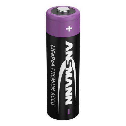 Einzelne Ansmann LifePo4 Premium Akku-Batterie mit violettem Pluspol, aufrecht auf weißem Hintergrund dargestellt.