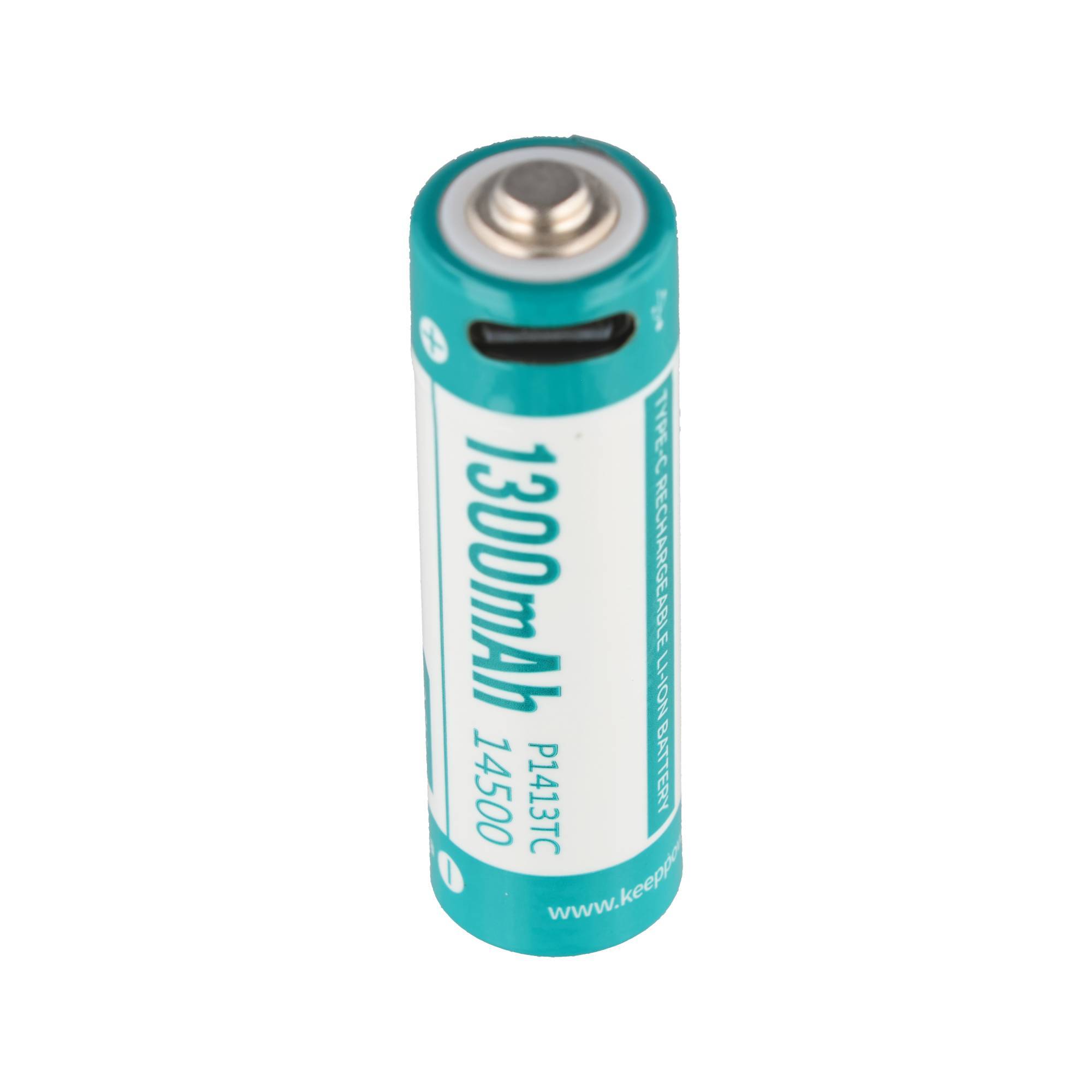 Eine türkisfarbene wiederaufladbare Batterie mit der Aufschrift 