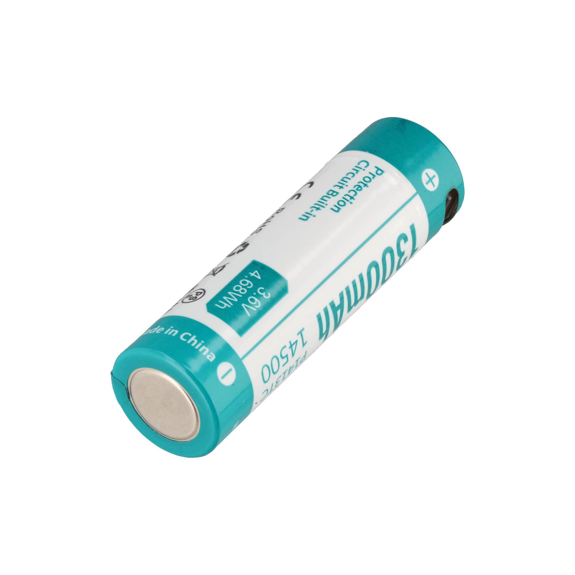 Eine blaugrün-weiße wiederaufladbare Lithium-Ionen-Batterie mit der Bezeichnung 14500, abgebildet auf einem einfachen weißen Hintergrund.