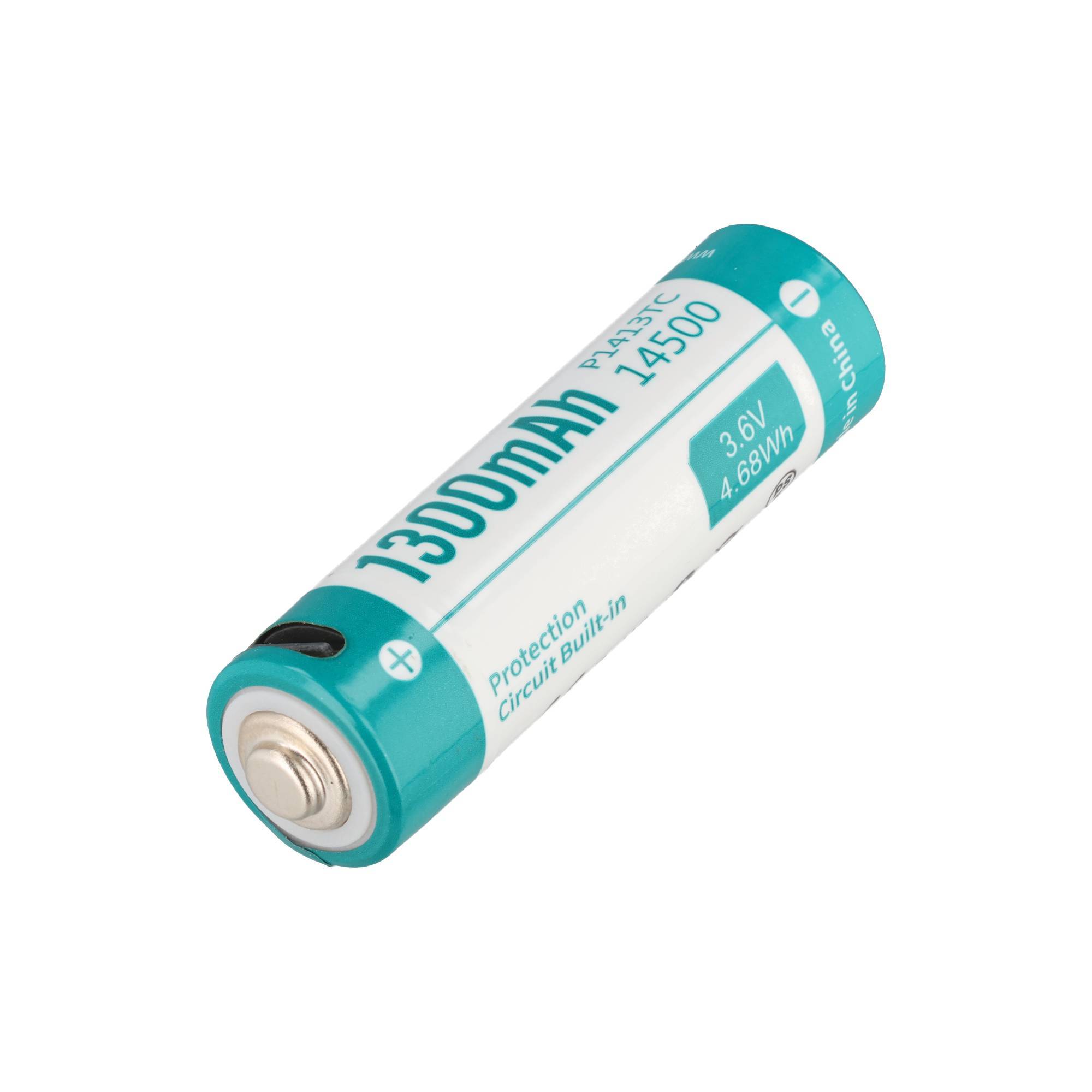 Eine einzelne wiederaufladbare Lithium-Ionen-Batteriezelle mit der Aufschrift 1300mAh und 3,6V, dargestellt vor weißem Hintergrund.
