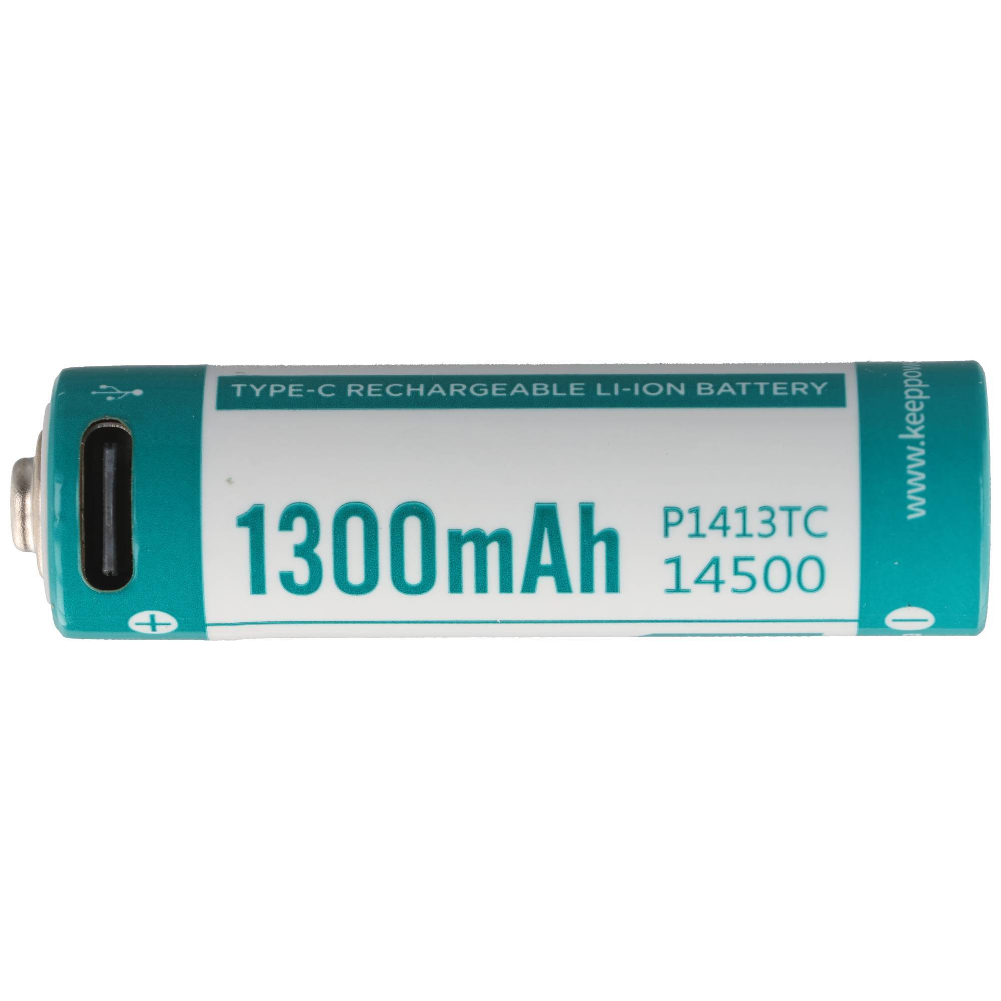 Eine türkisfarbene wiederaufladbare Lithium-Ionen-Batterie mit der Bezeichnung „1300mAh", „TYPE-C RECHARGEABLE LI-ION BATTERY"", P1413TC 14500.