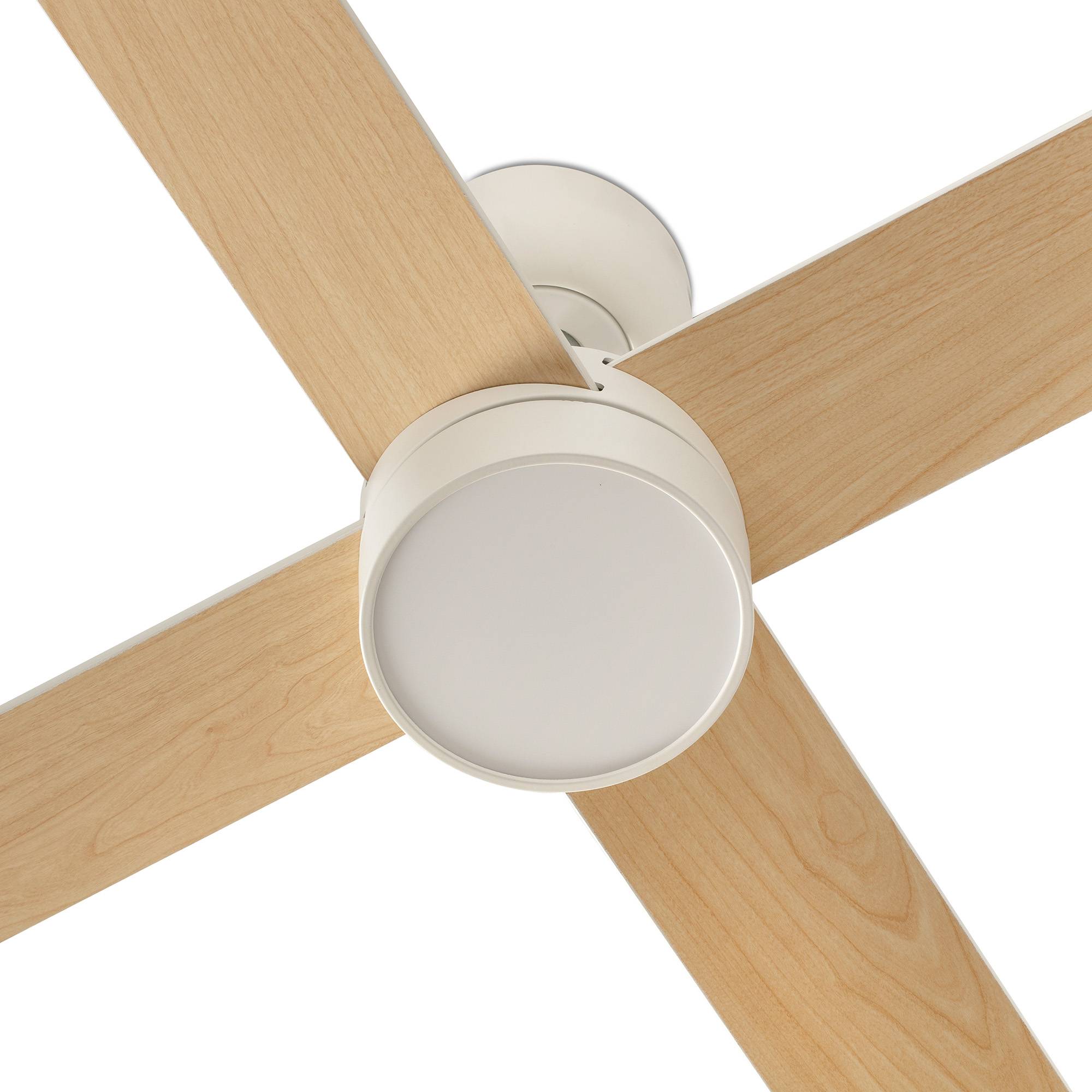 Moderner Deckenventilator mit vier hellholzfarbenen Blättern und weißem kreisförmigem Motorgehäuse, von unten auf weißem Hintergrund betrachtet.