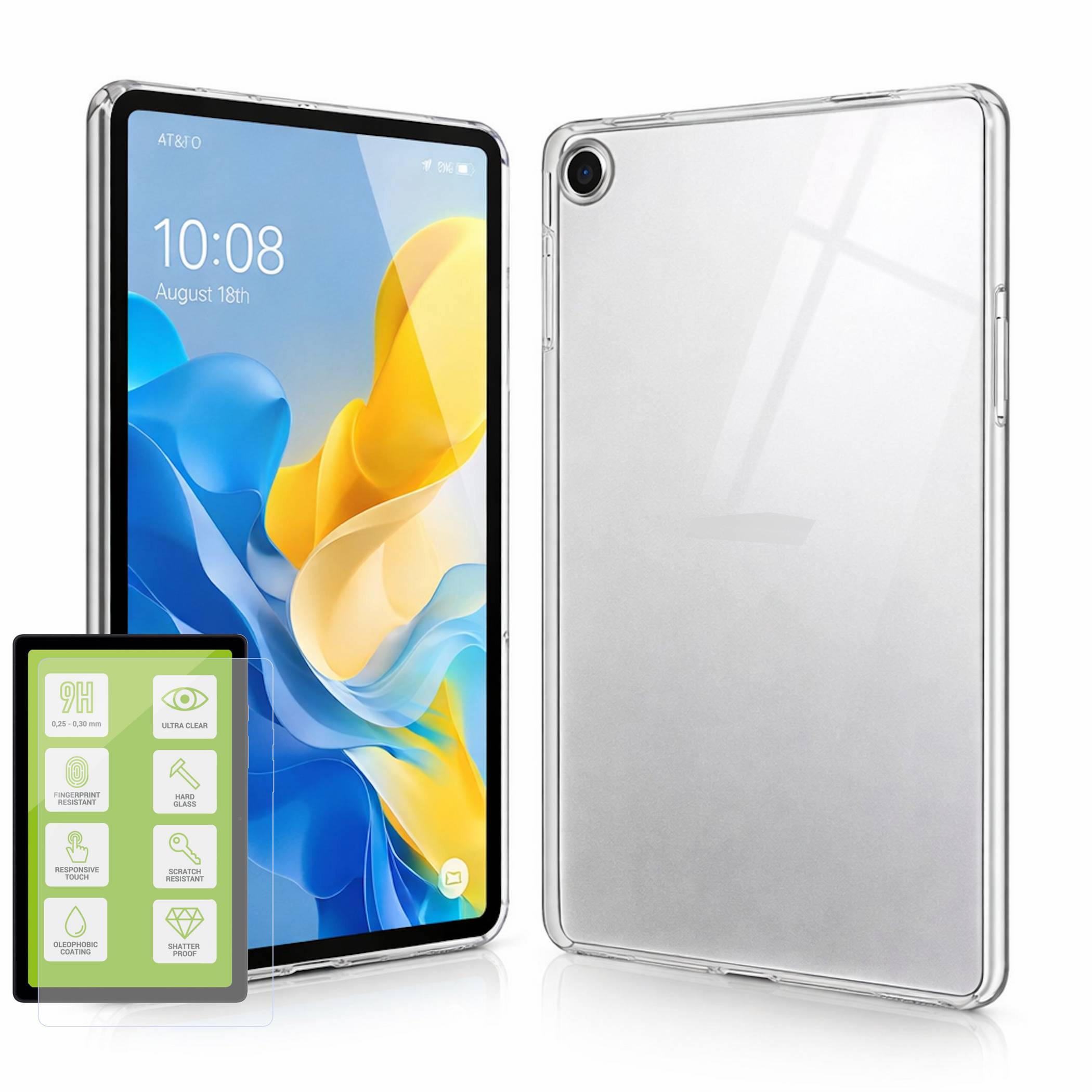 Tablet in einer transparenten Schutzhülle von vorne und hinten gezeigt, mit einer kleinen Grafik, die Funktionen wie Kratzfestigkeit, Vergilbungsschutz und Stoßdämpfung hervorhebt.