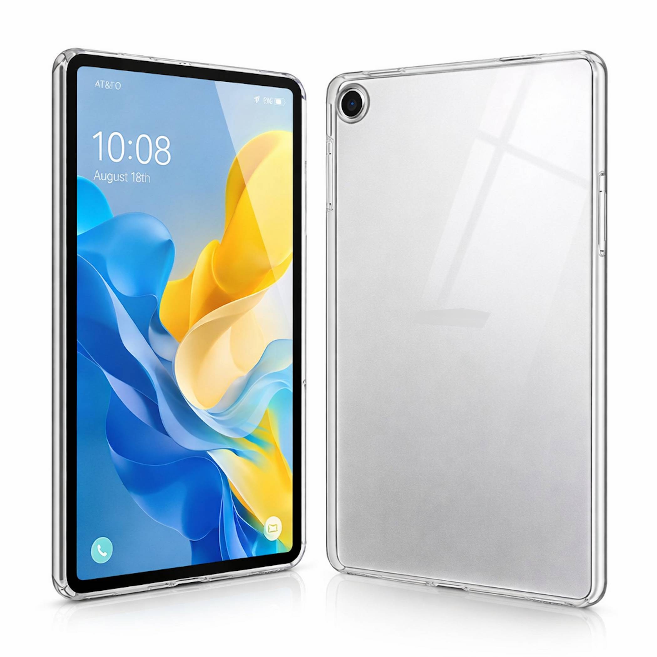Transparente Schutztablet-Hülle von vorne und hinten gezeigt, mit sichtbarem Tablet-Display auf der Vorderseite und Kameraausschnitt auf der Rückseite.