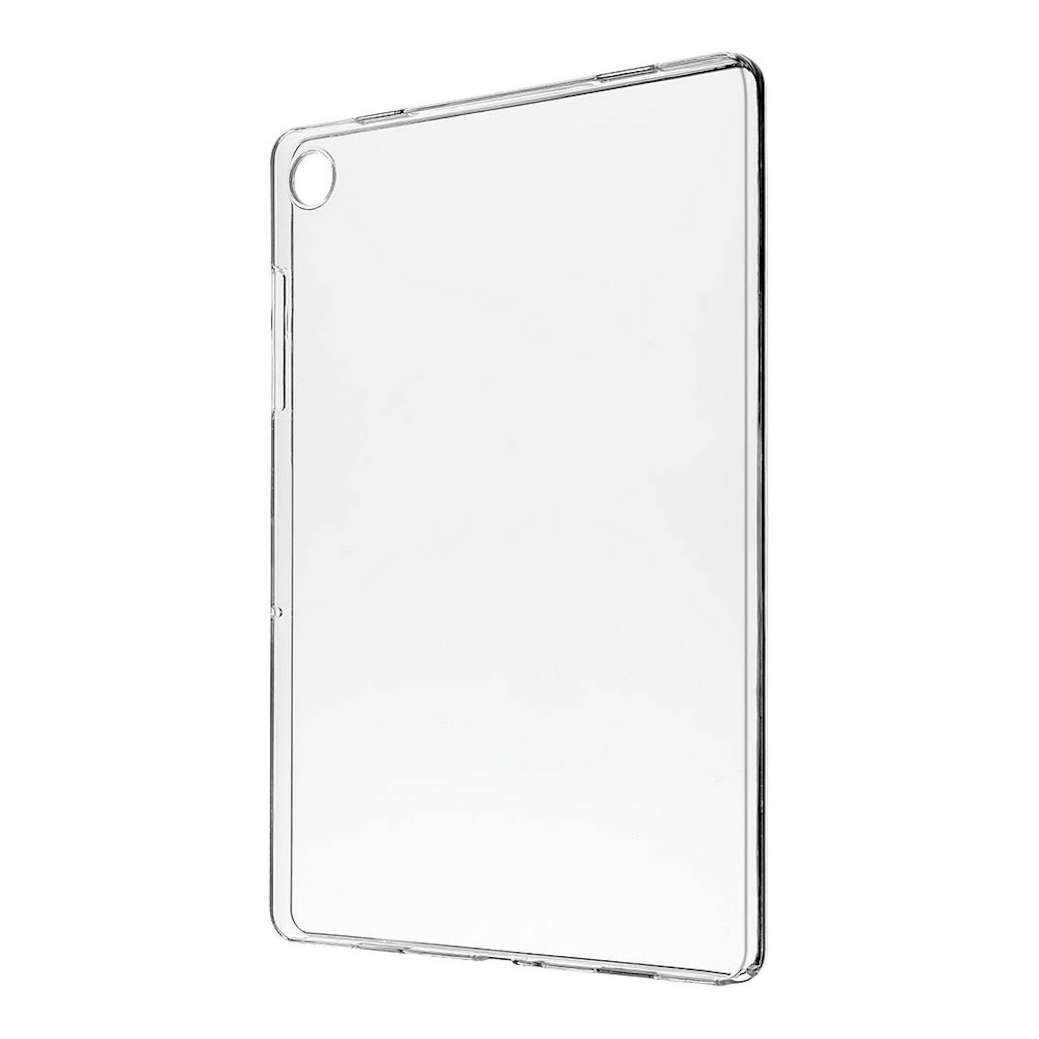 Durchsichtige klare Tablet-Schutzhülle auf weißem Hintergrund, mit Kameraausschnitt oben links.