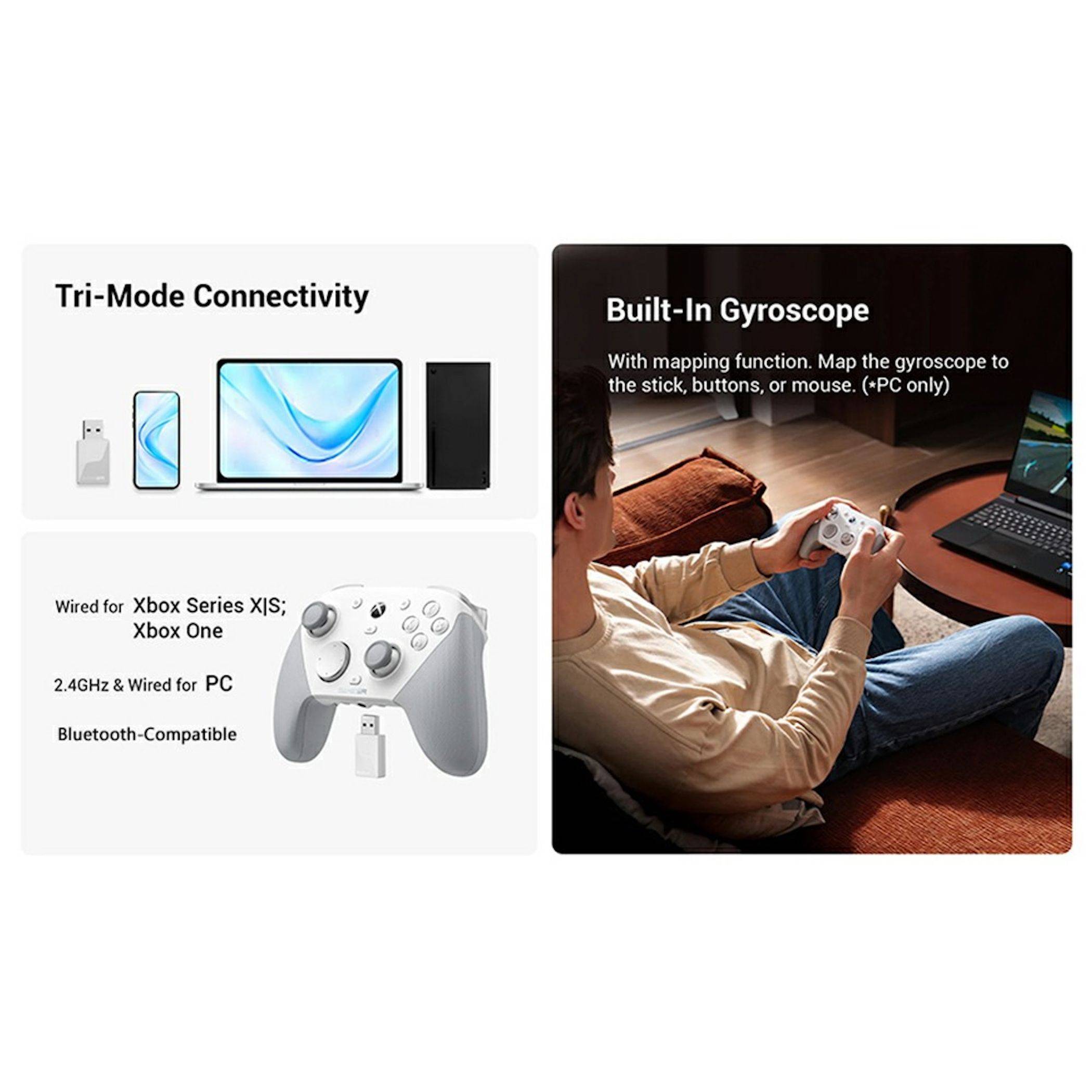 Werbegrafik für einen Game-Controller mit Tri-Modus-Konnektivität und integriertem Gyroskop, mit Kompatibilität für Xbox Series X|S, Xbox One, PC und Bluetooth-Geräte.