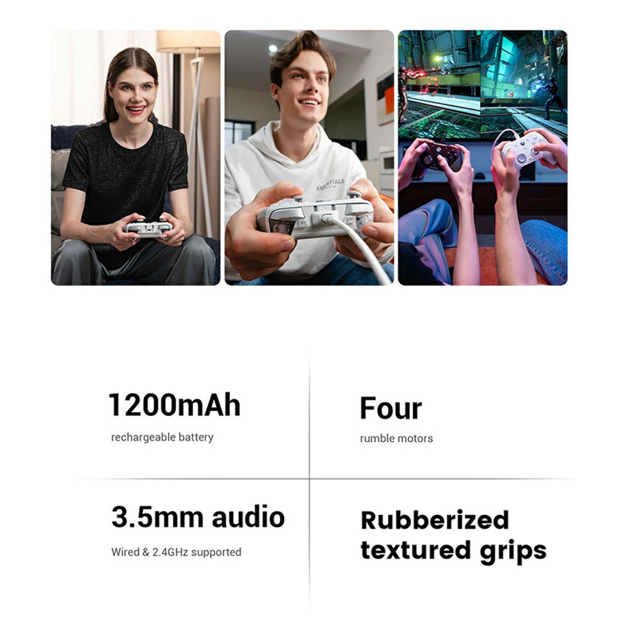Controller-Promo-Collage mit Personen beim Spielen, mit Text zur Hervorhebung von 1200-mAh-Akku, vier Rumble-Motoren, 3,5-mm-Audio und gummierten strukturierten Griffen.