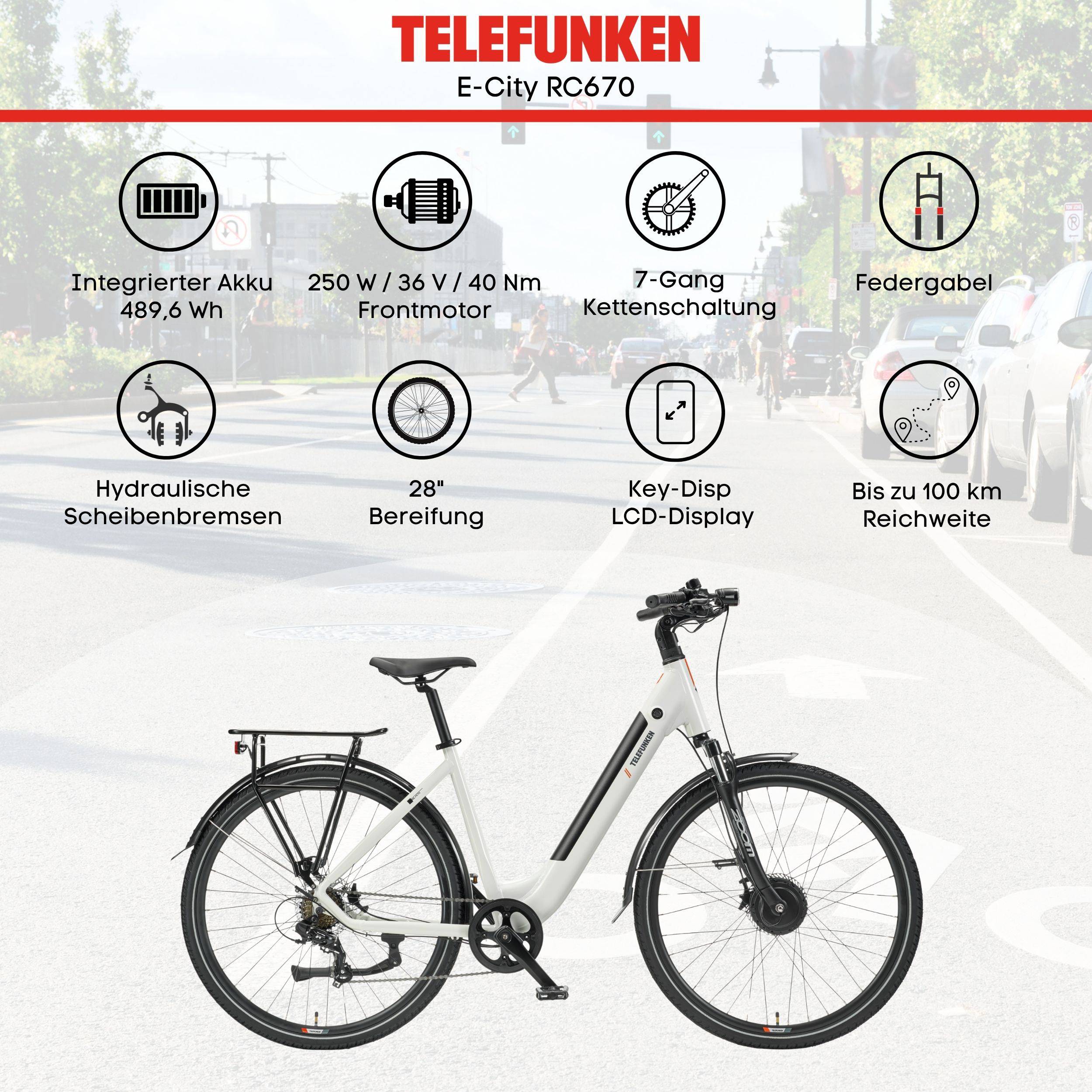 Telefunken E-City RC670 E-Bike mit integriertem 489,6-Wh-Akku, 250-W-Frontmotor, 7-Gang-Kettenschaltung, hydraulische Scheibenbremsen, 28-Zoll-Reifen, Schlüsseldisplay und bis zu 100 km Reichweite.