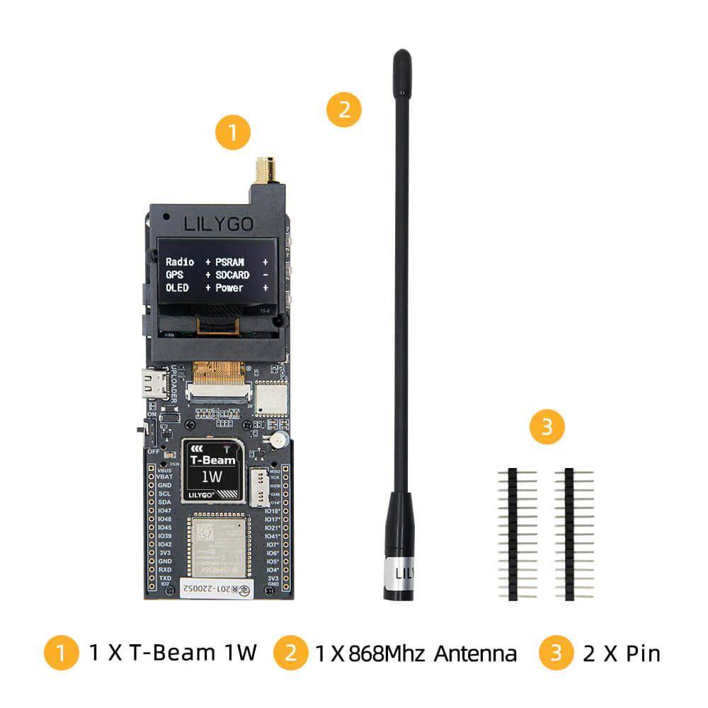 LILYGO T-Beam 1W-Board mit 868-MHz-Antenne und zwei Stiftleisten, beschriftete Teile 1, 2 und 3.