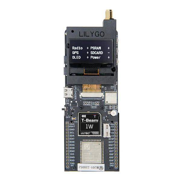 LILYGO T-Beam elektronische Entwicklungsplatine mit integriertem Display, GPS, Radio, PSRAM und SD-Kartenstützung auf weißem Hintergrund.