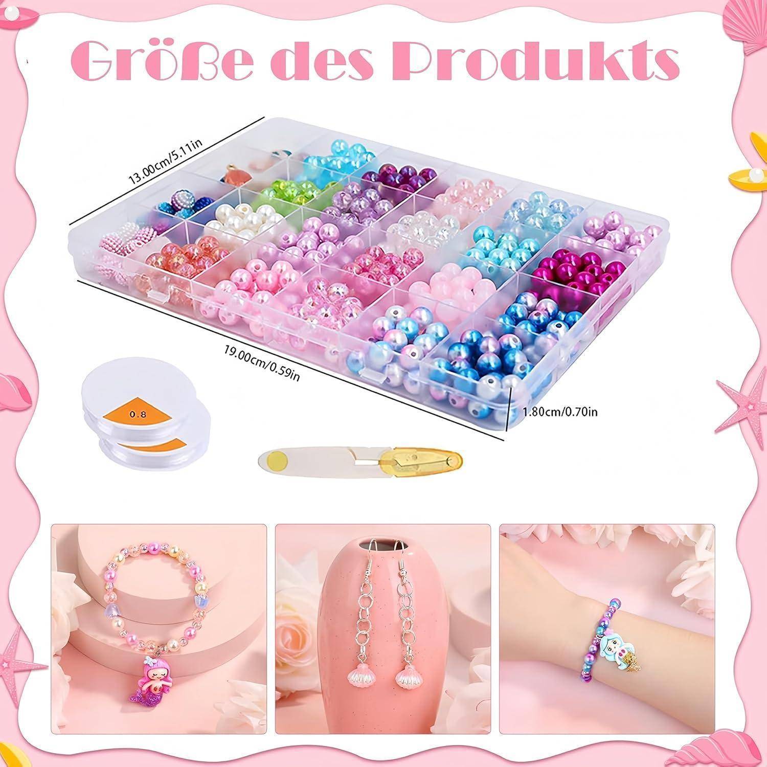 Produktgrößenbild für ein Perlenstickset: Aufbewahrungsbox mit 24 farbsortierten Perlen, 13,0 x 19,0 x 1,8 cm, plus Fadenspoole, Verschlusswerkzeug und Beispielarmbänder/Ohrringe/Ring.