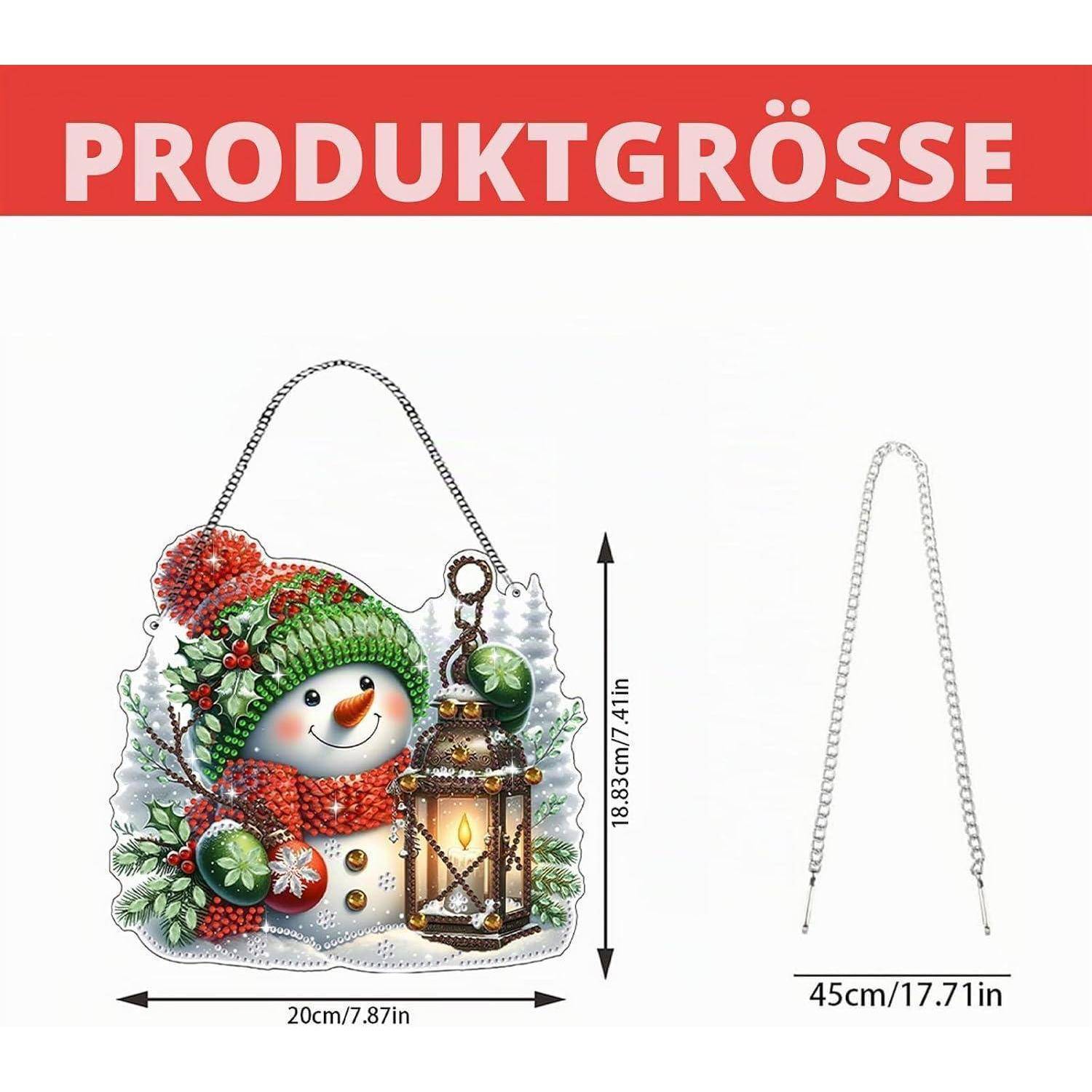 Produktgrößengrafik für eine Schneemann-Wanddeko für die Weihnachtszeit: Das Hauptdesign ist 20 cm breit und 18,83 cm hoch, mit einer Kettenlänge von 45 cm.