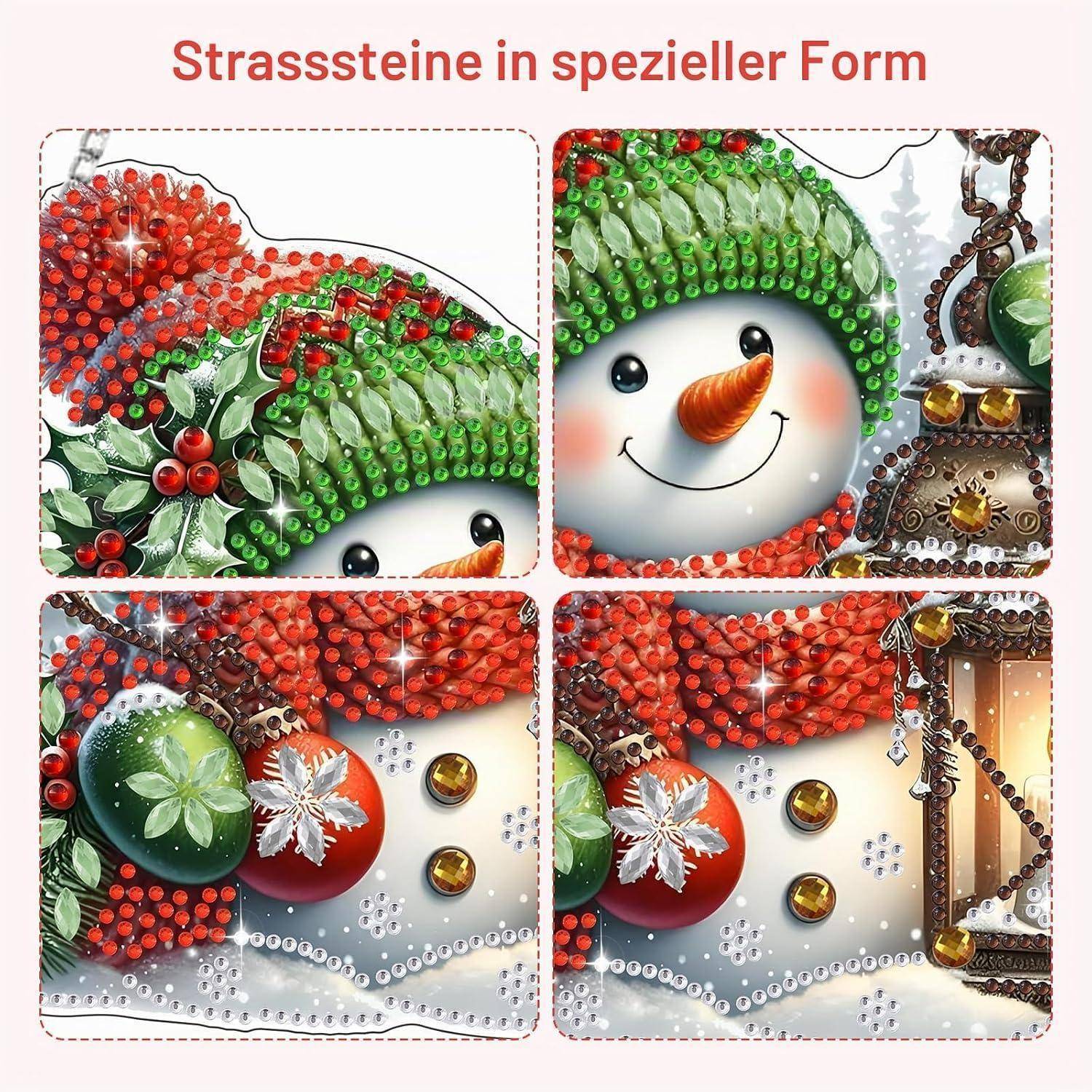 Collage von vier dekorativen Beispielen von speziell geformten Rhinstein-Steinen mit einem Schneemann-Gesicht, Ornamenten, Stechpalme und einer Laterne in Rot, Grün, Gold und Weiß.