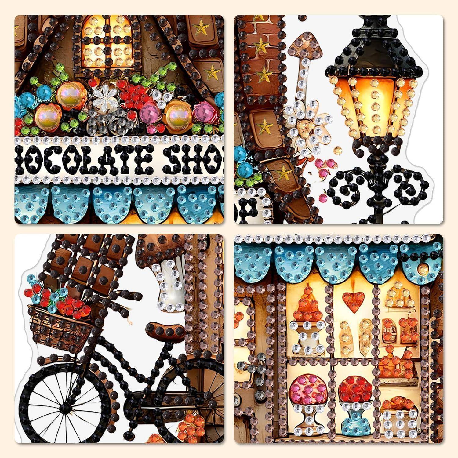 Vier-teilige Collage aus Schmuckperlenkunst zeigt eine "Schokoladenladen""-Fassade, eine Lampe, ein Fahrrad und ein Schaufenster mit Süßigkeiten.