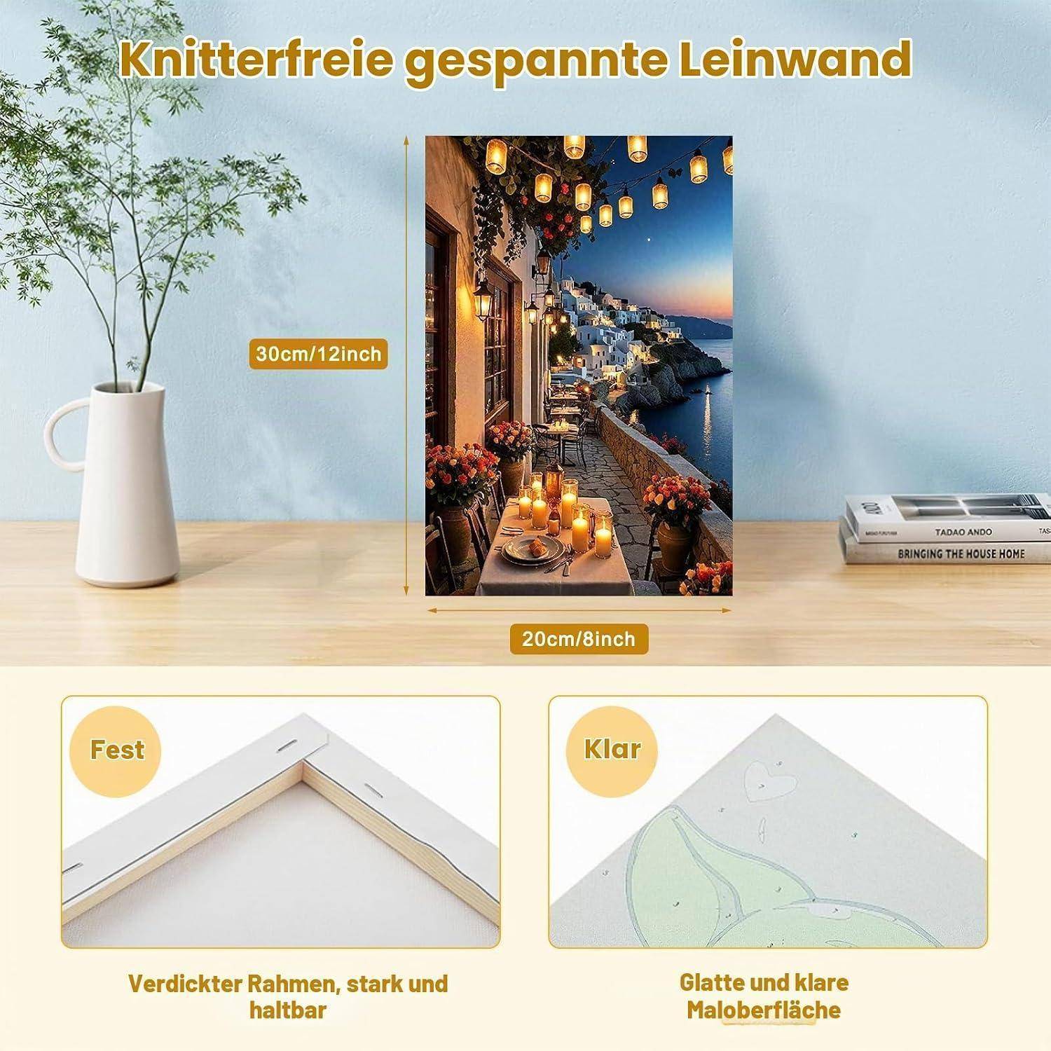 Bowetile Malen nach Zahlen für Erwachsene mit Rahmen, Küstenstadt Zahlenmalerei Set mit Holzstaffelei Anfänger Leinwand Kit, Gemäide Bastelset auf