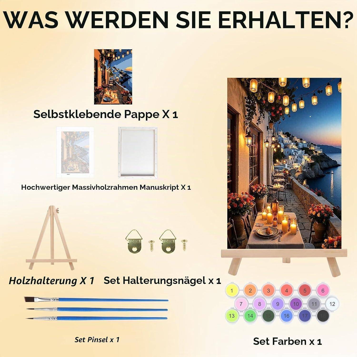 Produktübersicht eines Malen-nach-Zahlen-Sets: Leinwand mit Nachtküstenmotiv, Holzrahmen, Aufsteller, Nägel, Pinsel und 16 Farben mit deutscher Beschriftung 'WAS WERDEN SIE ERHALTEN?