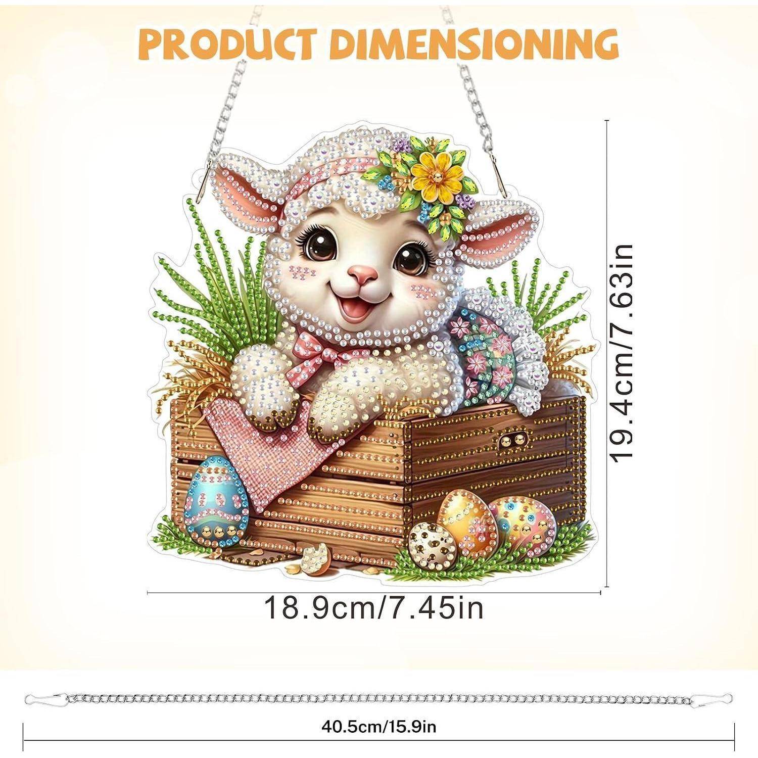 Produktabmessungen-Grafik eines geschmückten Lamms in einer Holzkastenschaukel: 19,4 cm x 18,9 cm, mit Kettenlänge 40,5 cm.