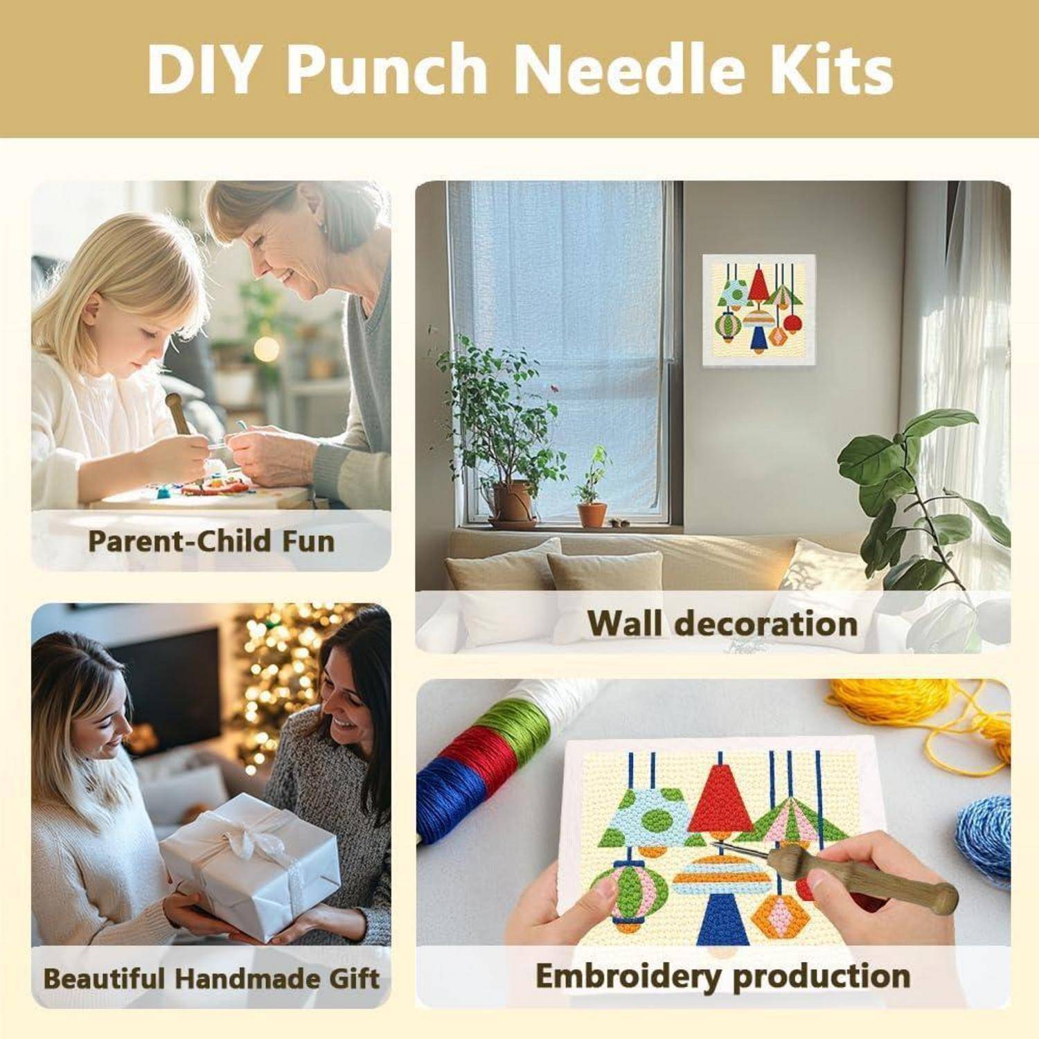 Collage mit dem Titel "DIY Sticknadel-Sets"" zeigt Eltern-Kind-Handwerk, Wanddekoration, selbstgemachte Geschenkgabe und Stickerei-Herstellung.