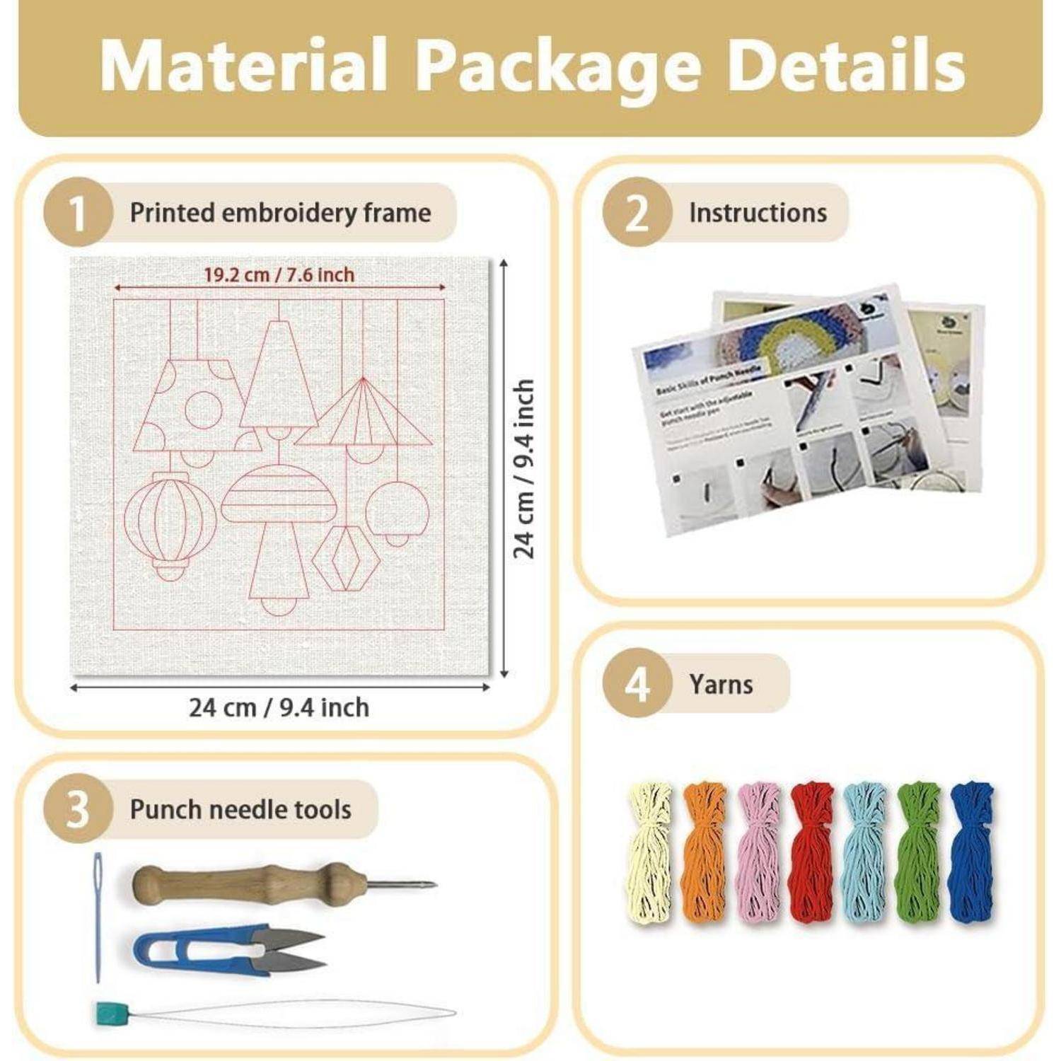Materialpaket-Details Infografik mit gedrucktem Stickrahmen, Anleitung, Punch-Needle-Werkzeugen und mehrfarbigen Garnen.