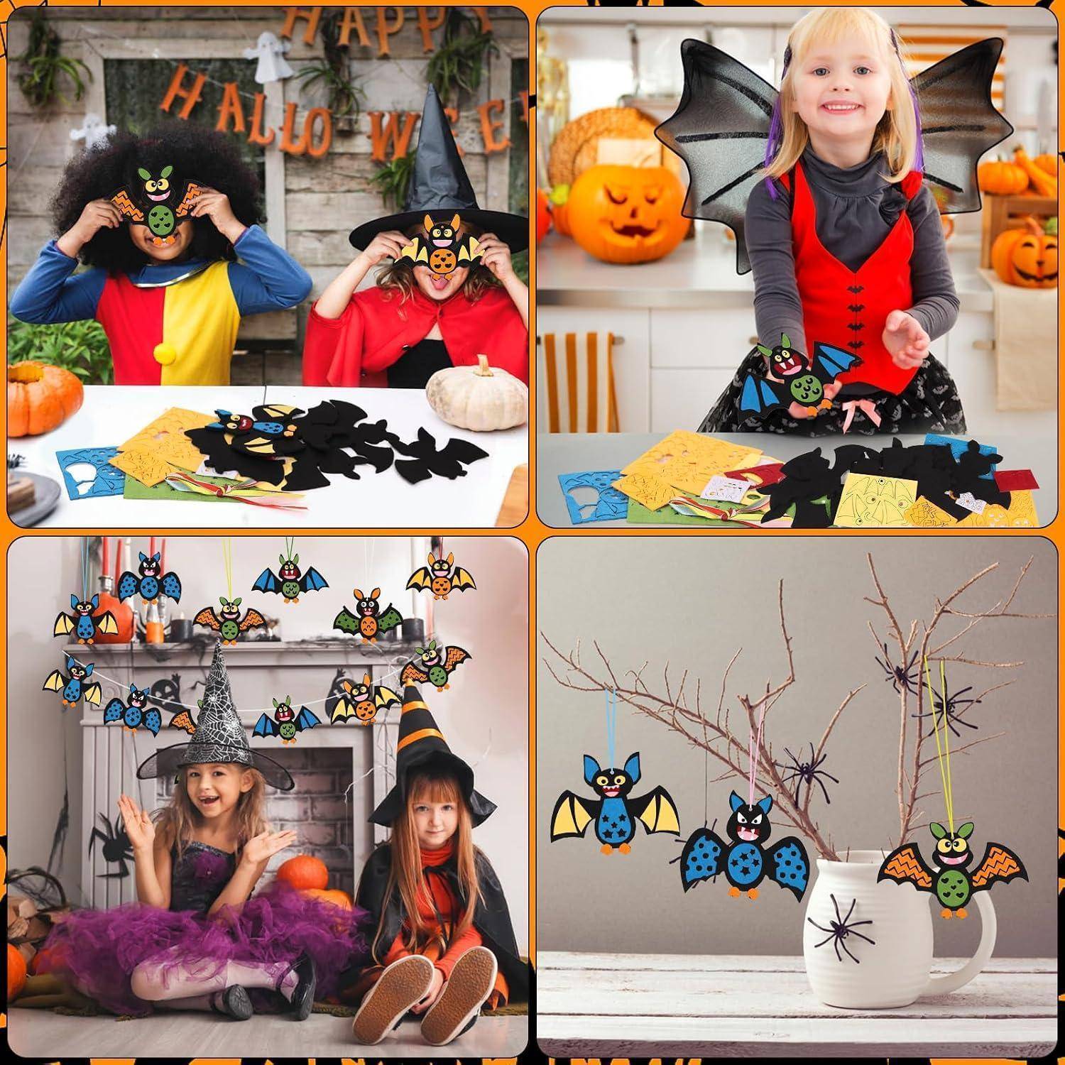 Collage von Halloween-Fledermaus-Bastelarbeiten und Kostümen: Kinder tragen Fledermausmasken und Fledermausflügel, dazu hängen Papier-Fledermaus-Dekorationen über einem Kaminsims und eine mit Fledermäusen bedeckte Tasse.