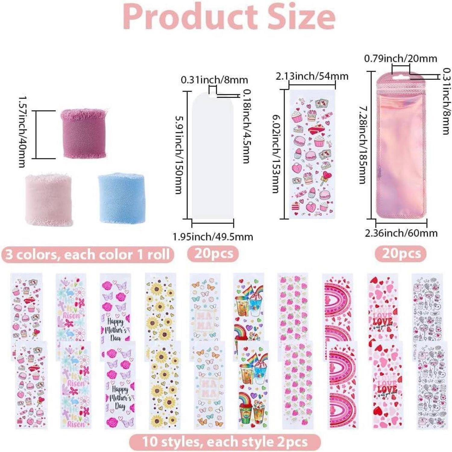 Größentabelle für Dekorationsrollen: 3 flauschige Rollen und 20er-Pack rosa Reißverschlussbeutel mit Abmessungen und 10 gemusterten Klebstoffstilen.