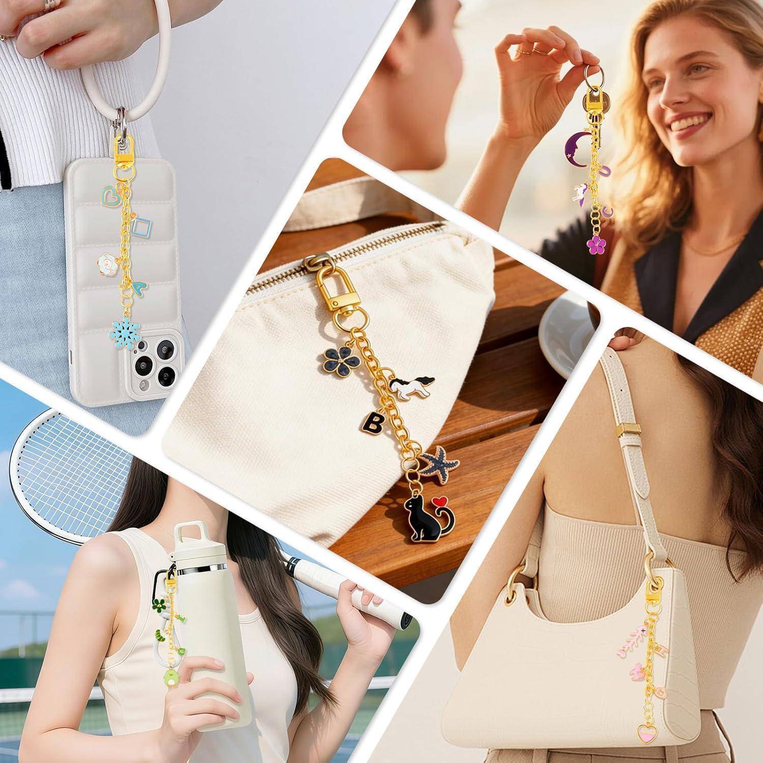Collage von Frauen, die dekorative Kettenanhänger an Handtaschen und einem Telefongehäuse verwenden, zeigt anpassbare Taschen- und Telefonzubehör.