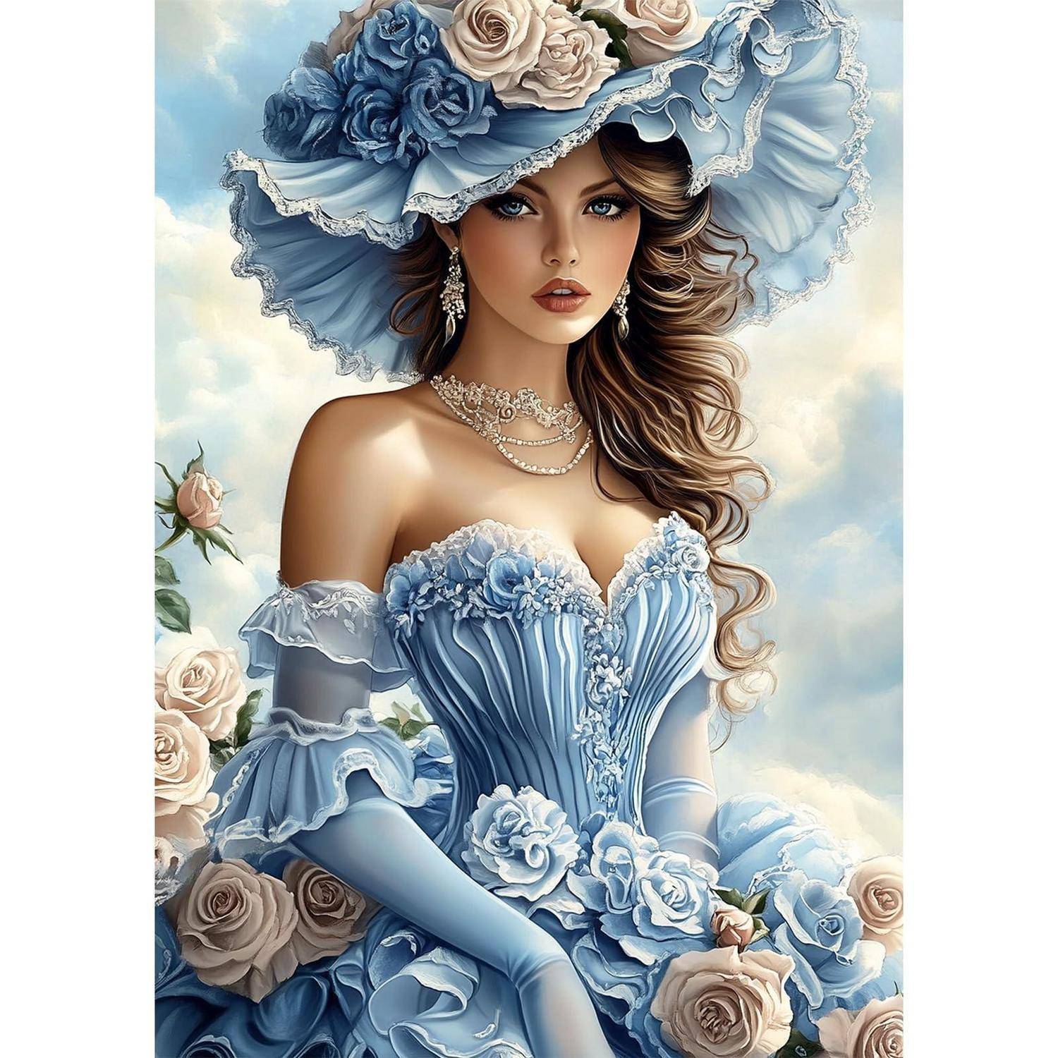 Porträt einer Frau in einem blauen Kleid im viktorianischen Stil und einem breitkrempigen Hut, geschmückt mit Rosen, posiert inmitten von blassen Blüten vor einem sanften Himmel.