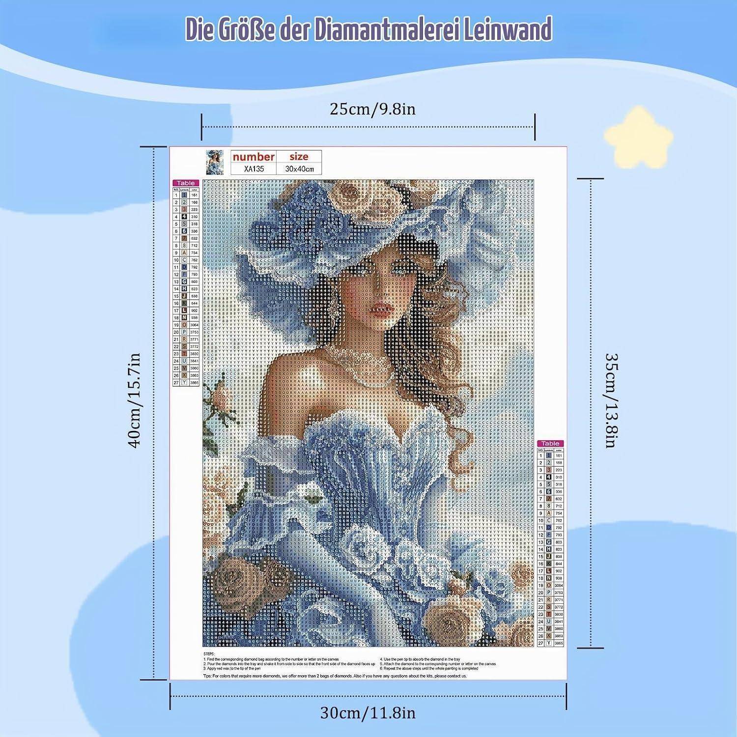Diamantmalerei-Leinwandgrößentabelle mit einer Frau in einem blauen Blumenhut; Abmessungen gekennzeichnet 25 x 35 cm für das Bild und 30 x 40 cm insgesamt.