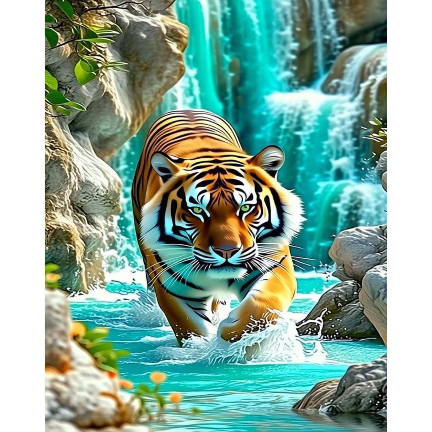 Ein Tiger watet auf den Betrachter zu durch türkisfarbenes Wasser vor einem herabstürzenden Wasserfall, eingerahmt von Felsen und Blattwerk.