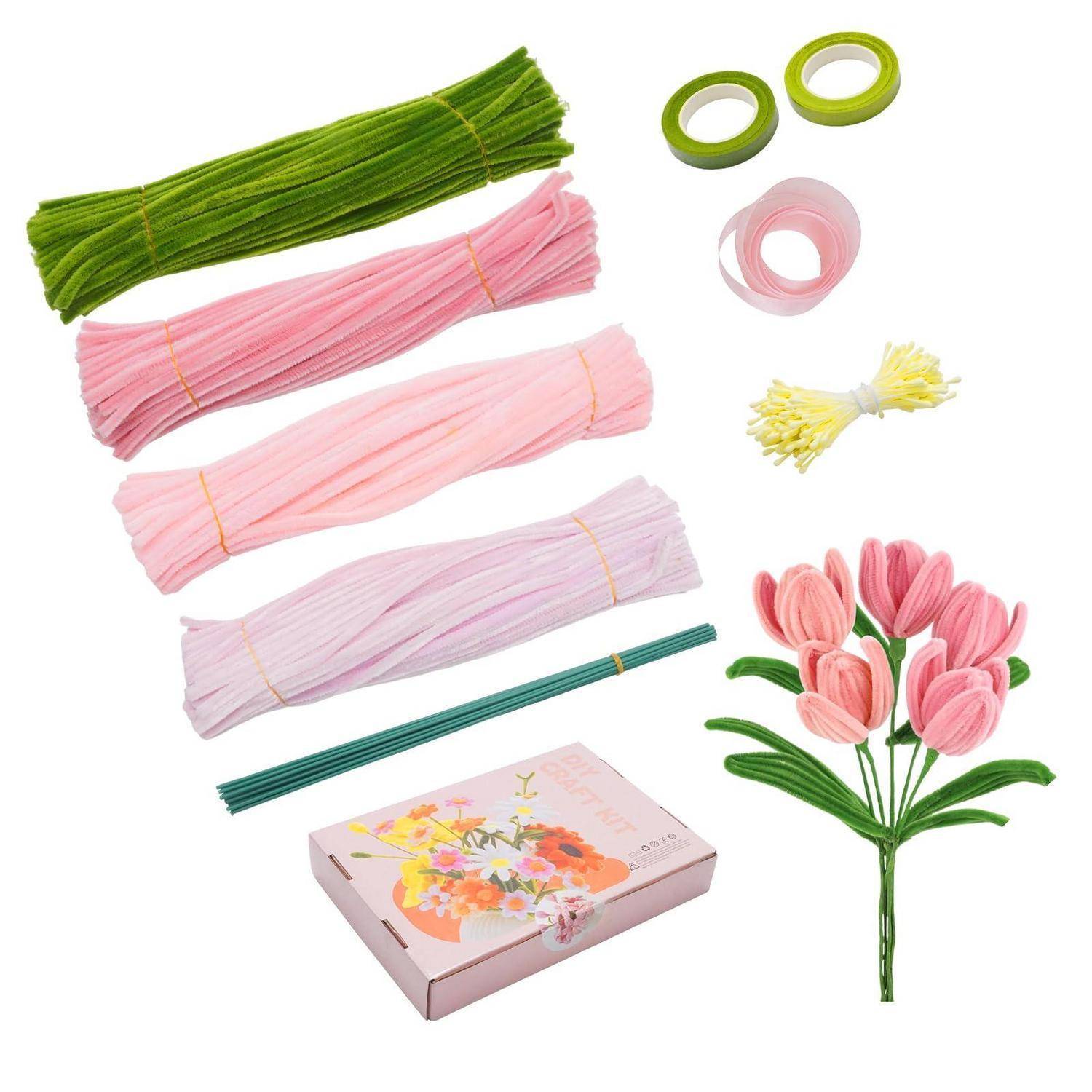 Blumenbastler-Set mit farbigen Papierstreifen, grünen Stielen, Blumenbandage, Draht und einem fertigen rosa Tulpensträußchen plus Geschenkbox zum Verpacken