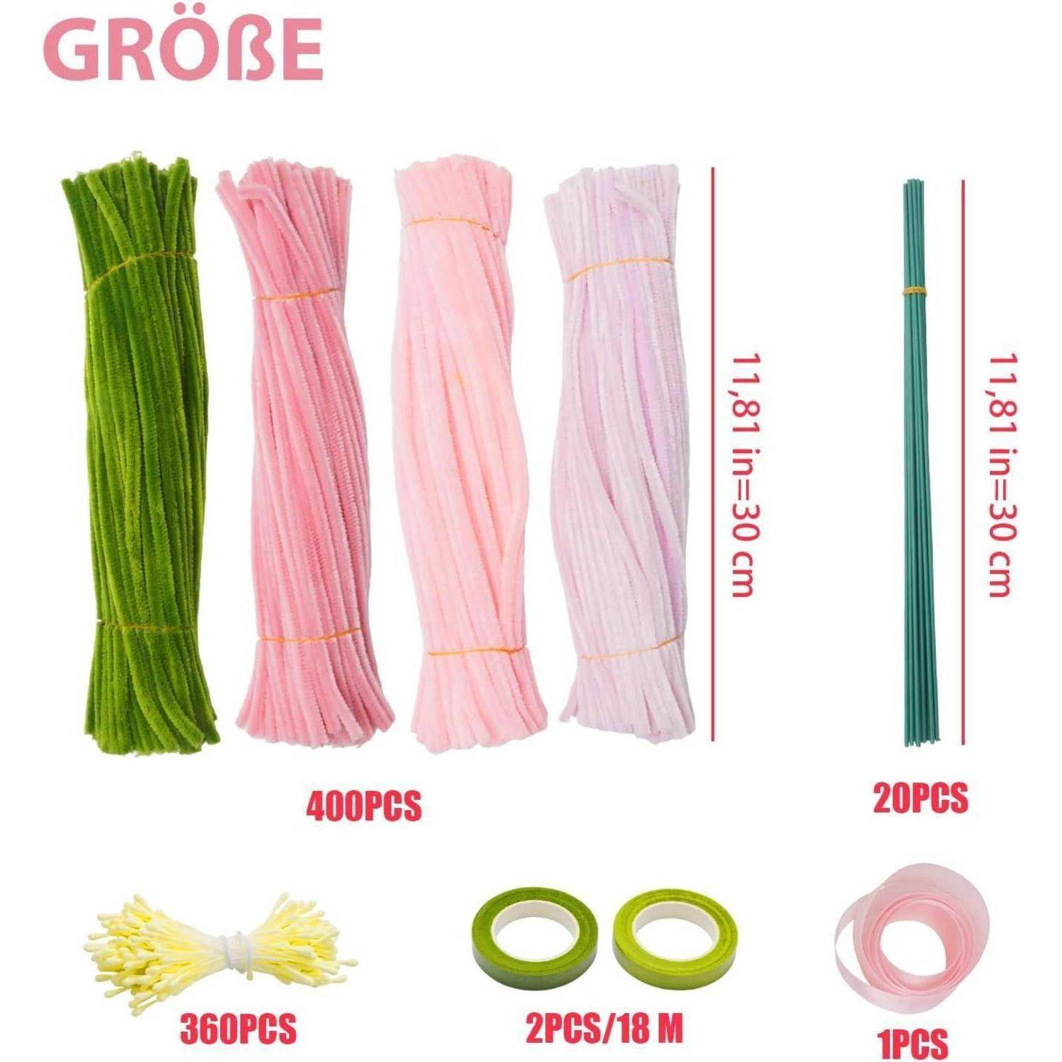Größentabelle für Produkte mit 30-cm-Bündeln in vier Farben, plus Packungen mit gelben Bindebändern, grünem Klebeband und rosa Bindebändern mit gekennzeichneten Mengen.
