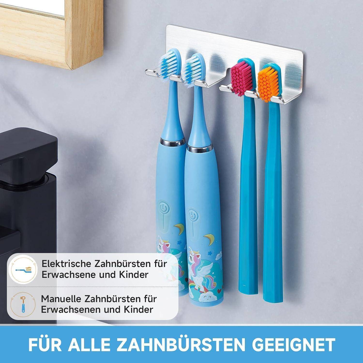 Wandmontierter Zahnbursthalter zur Aufbewahrung von elektrischen und manuellen Zahnbürsten; Der deutsche Text besagt, dass er für alle Zahnbürsten geeignet ist.