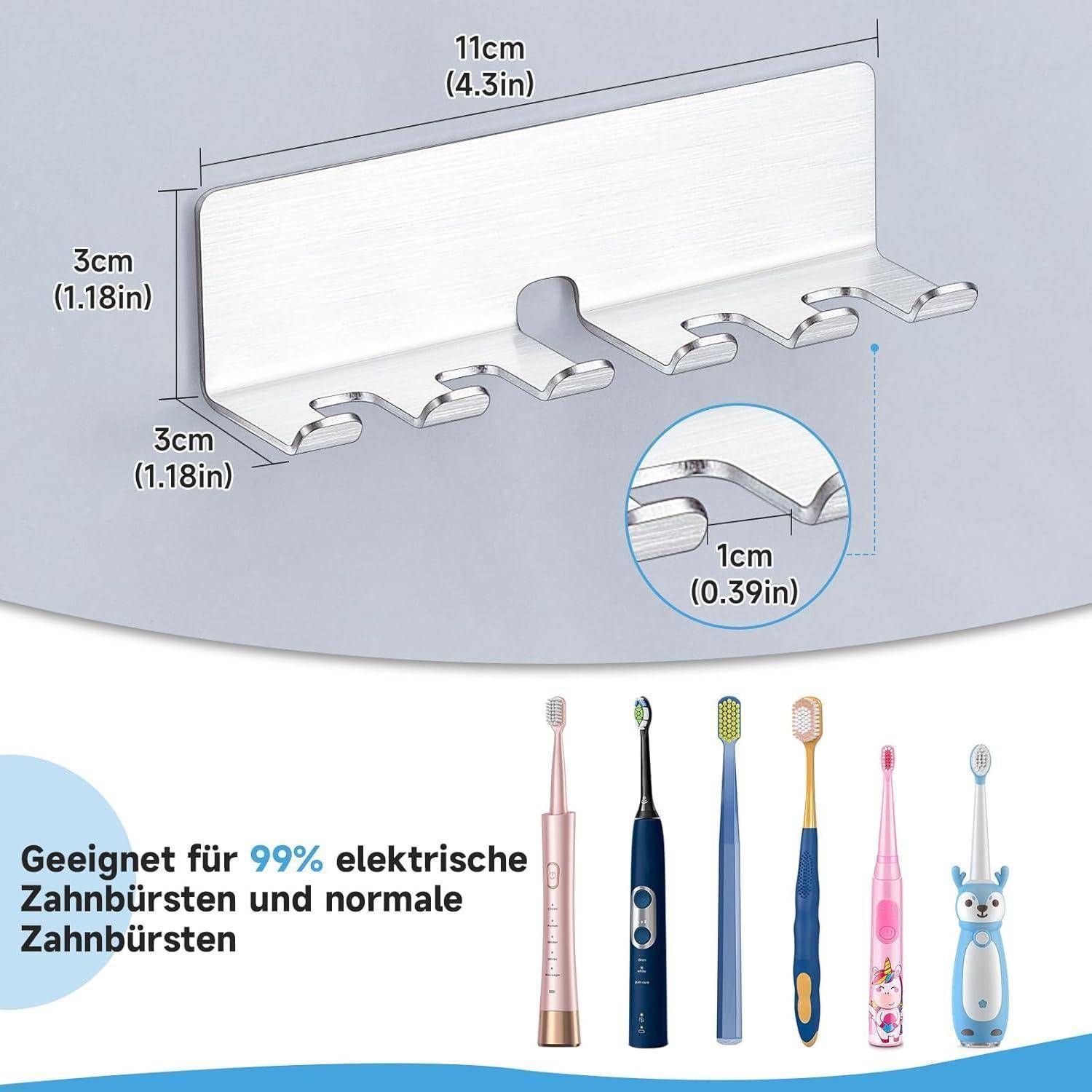 Wandmontierter Zahnbürstenhalter mit sechs Steckplätzen, gezeigt mit Abmessungen von 11 cm mal 3 cm und 1 cm Abstand; der Text besagt, dass er für 99% der elektrischen und normalen Zahnbürsten geeignet ist.