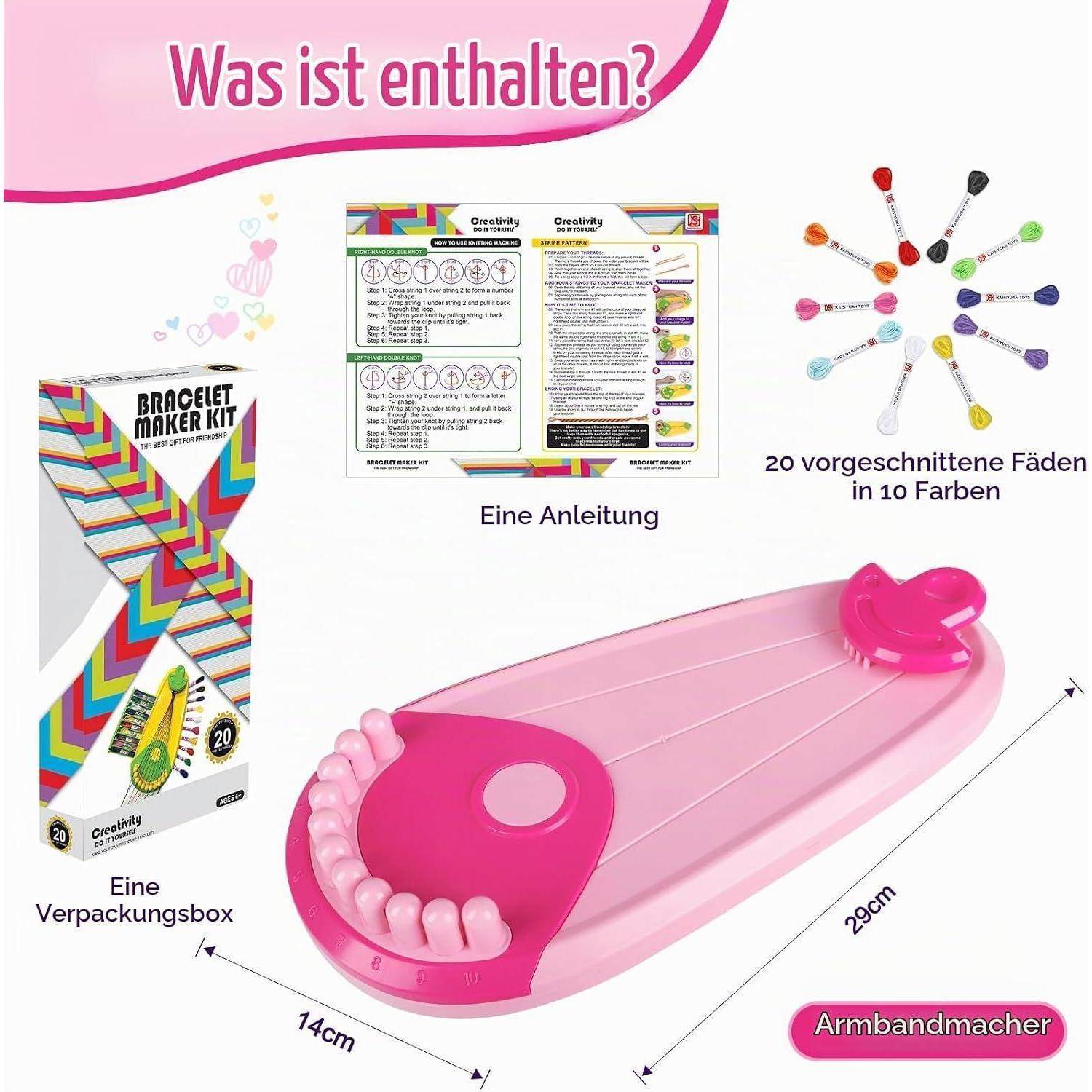 Armband-Maker-Set Inhalt: Verpackungsbox, Anleitungsblatt, 20 Schnüre in 10 Farben und rosa Armband-Herstellungswerkzeug, gezeigt mit 29 cm Länge und 14 cm Breite.