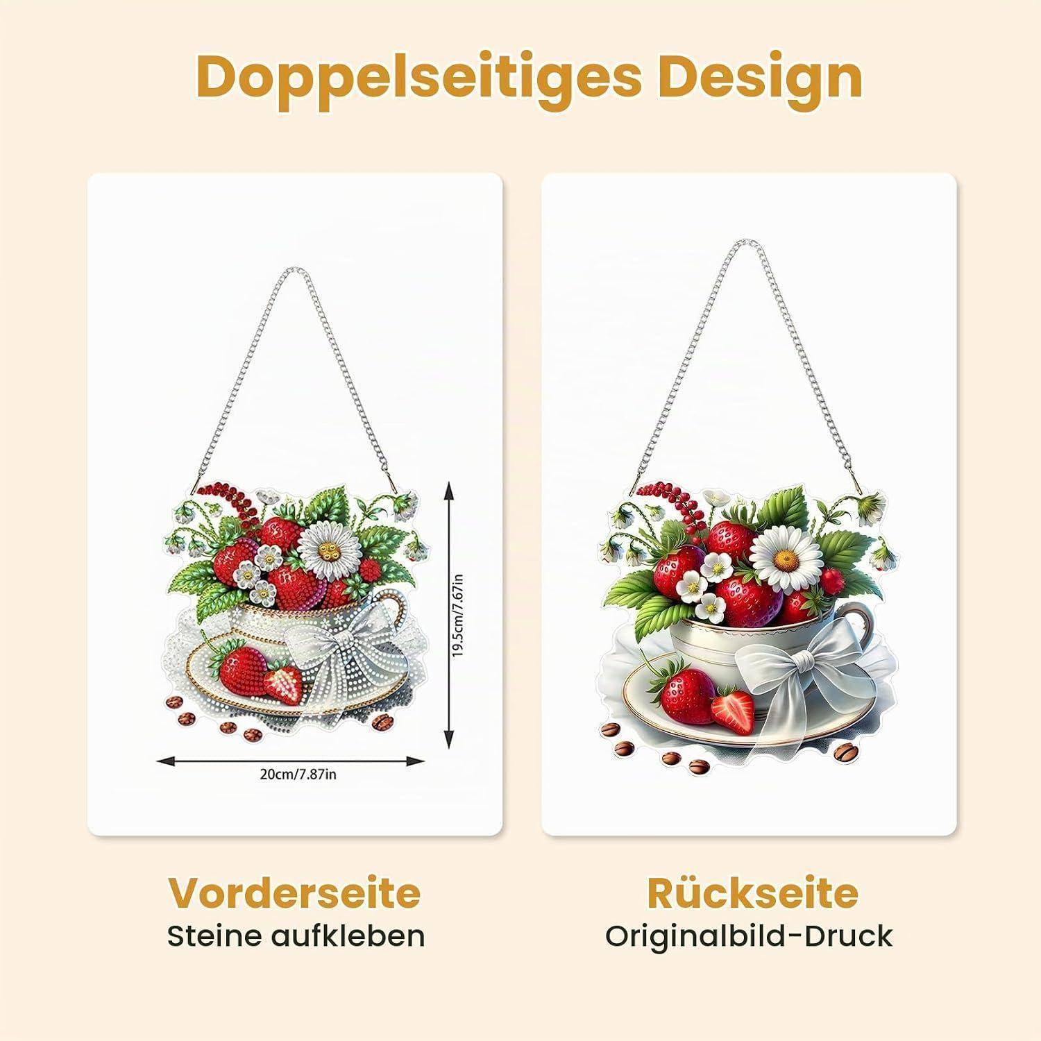 Vergleichsgrafik mit einer doppelseitigen hängenden Erdbeeren- und Blumendekoration: Vorderseite mit aufzutra­gen­den Steinen, Rückseite mit originalem Bilddruck.