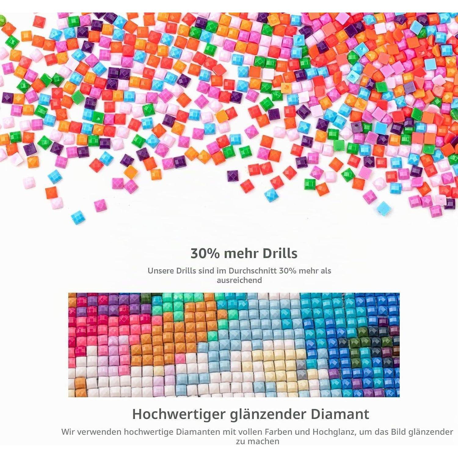 Bunte quadratische Diamantbohrer verstreut über ein Mustermosaik; Text besagt „30% mehr Bohrer