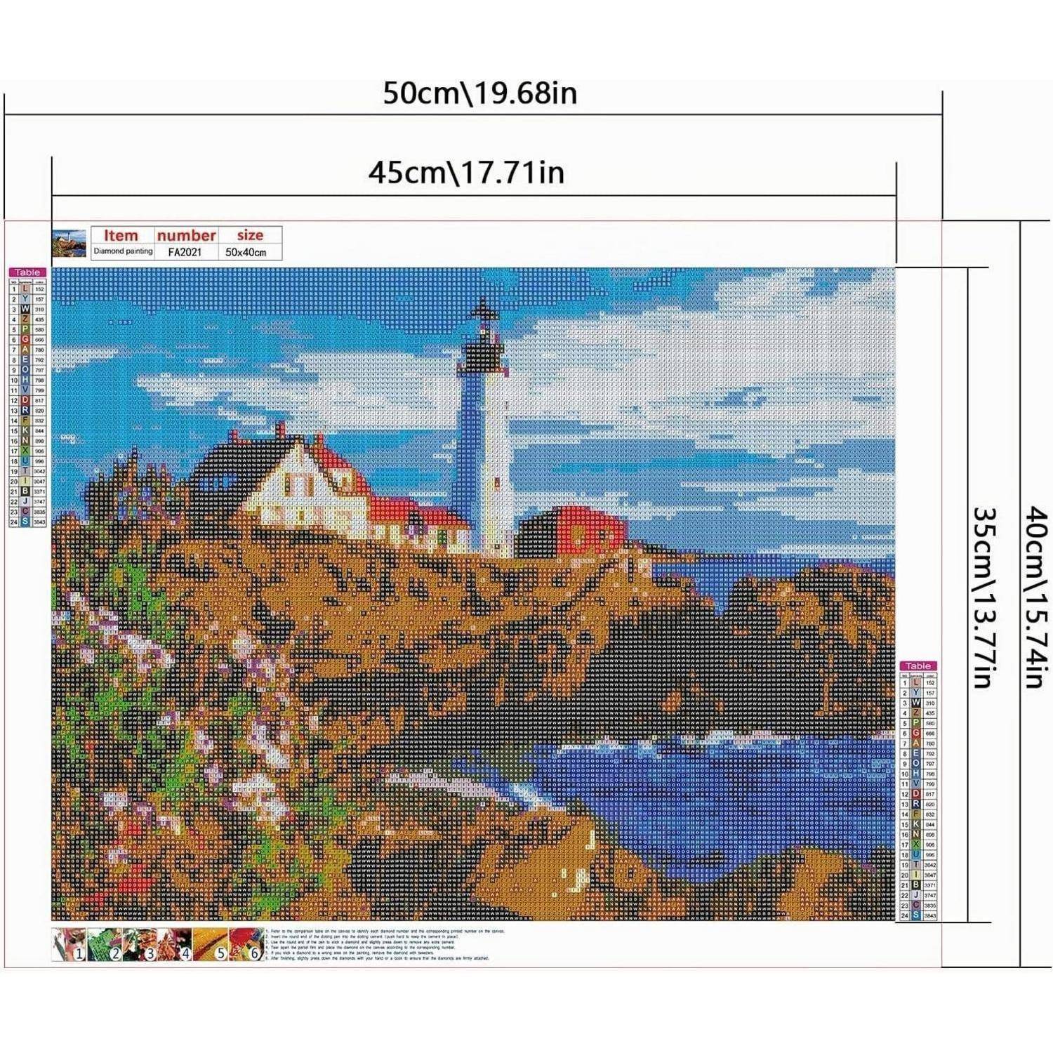 Diamantmalerei-Muster eines Leuchtturms auf felsiger Küste mit Häusern, Himmel und Meer; Größe 50 cm x 40 cm, mit Leinwandfläche 45 cm x 35 cm.
