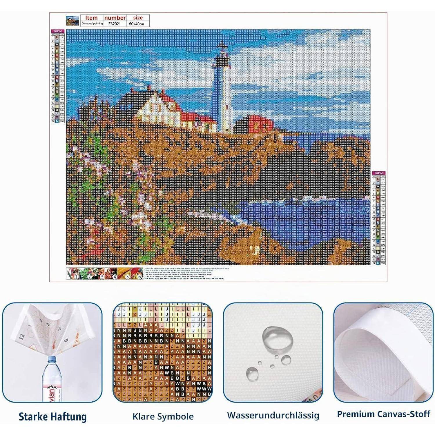 Diamond-Painting-Set mit einem Leuchtturm auf einer felsigen Küste, mit Beschriftungen, die „starke Haftung