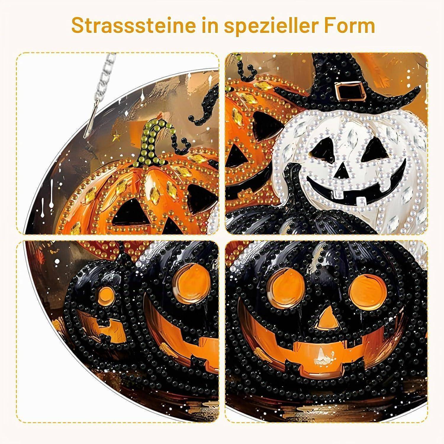 Collage von Halloween-Kürbissen mit speziell geformten Strasssteinen, die orange, schwarze und weiße Kürbisgesichter zeigen, unter dem Titel 