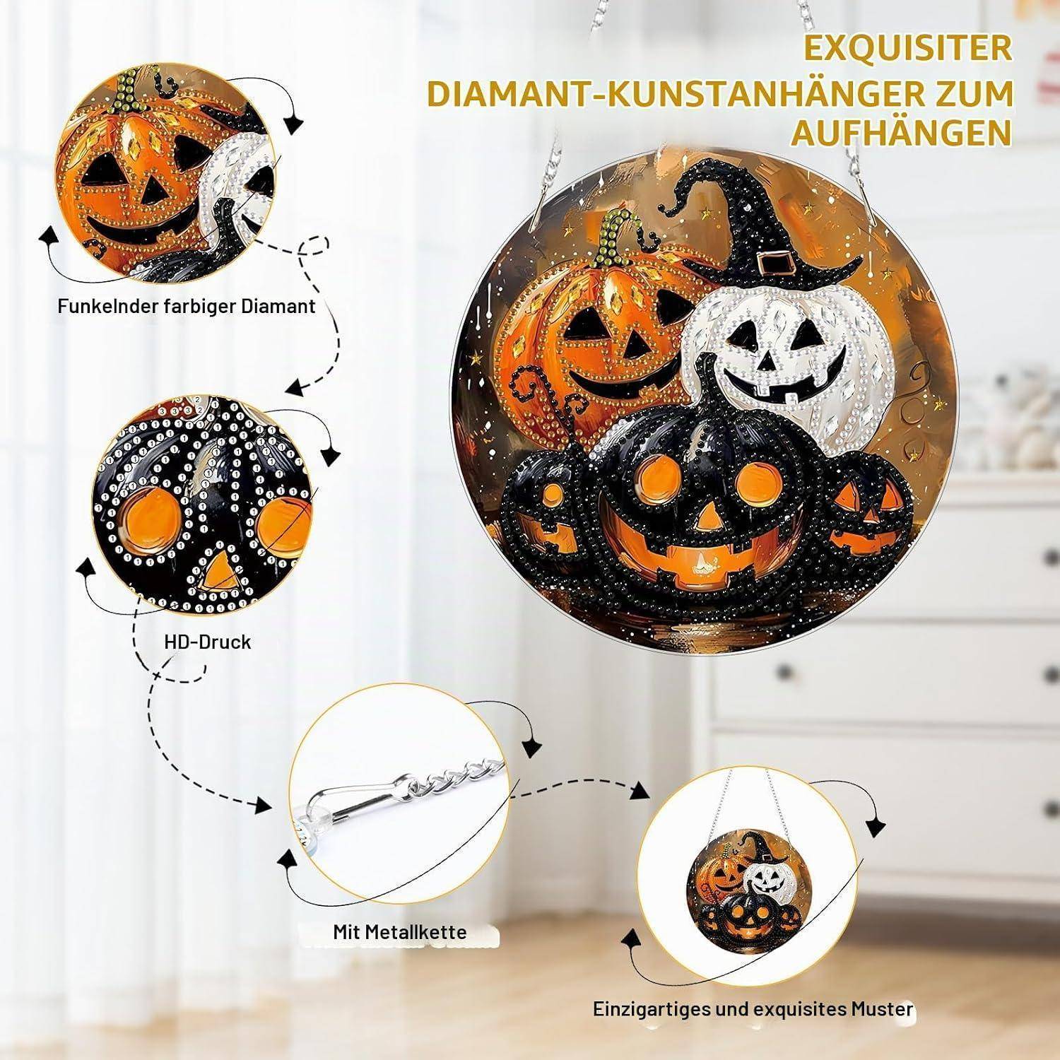 Werbegrafik für einen Halloween-Diamantanhänger-Ornament, der Kürbis- und Geisterdesigns zeigt, HD-Druck, Metallkette und 