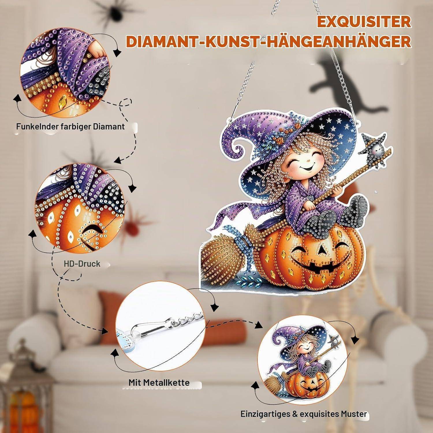 Werbebild eines funkelnden Diamant-Kunstanhängers: Eine Hexe sitzt auf einem lächelnden Kürbis, gezeigt mit Metallkette und deutschen Funktionsaufrufen.