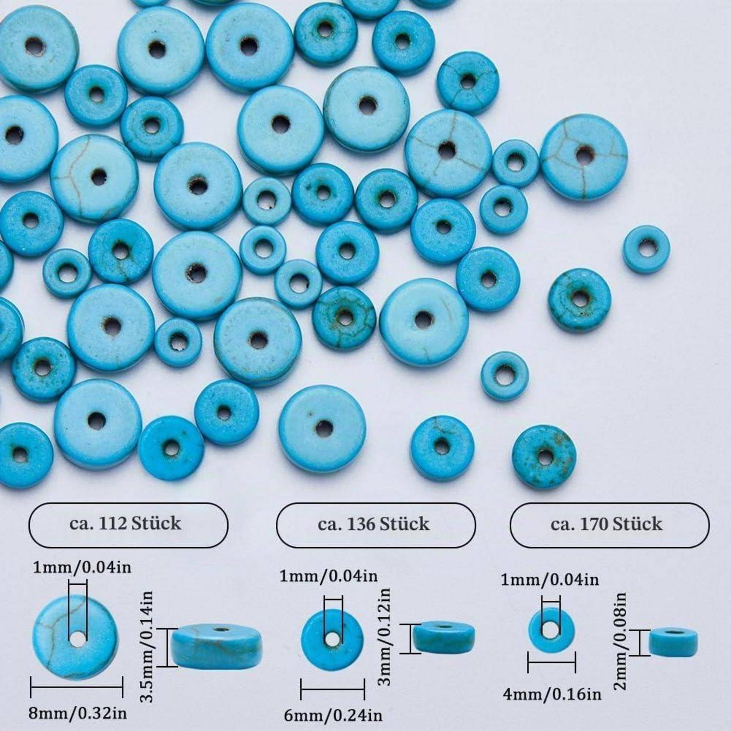 Vergleichsgrafik von blauen Abstandsperlen in drei Größen, beschriftet mit etwa 112, 136 und 170 Stück, mit Abmessungen in Millimetern und Zoll.