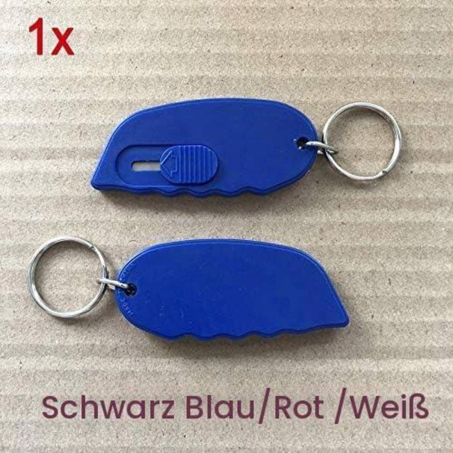 Zwei blaue schlüsselanhänger-ähnliche kunststoffwerkzeuge mit pfeifenform auf kartonverpackung, beschriftet mit „1x