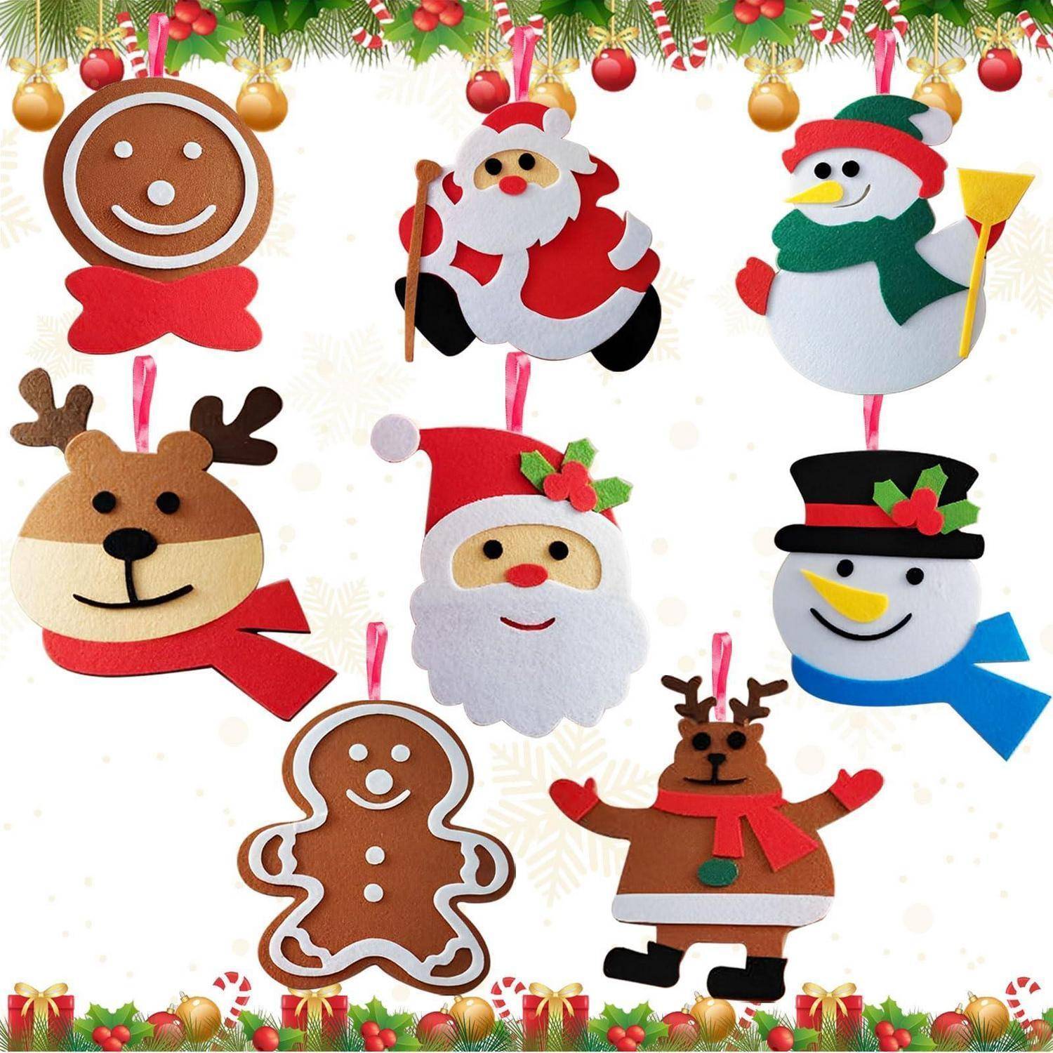 Sortierte festliche Weihnachtsfilzornamente mit Weihnachtsmännern, Schneemännern, Rentieren und Lebkuchenmännchen mit Bändern zum Aufhängen.