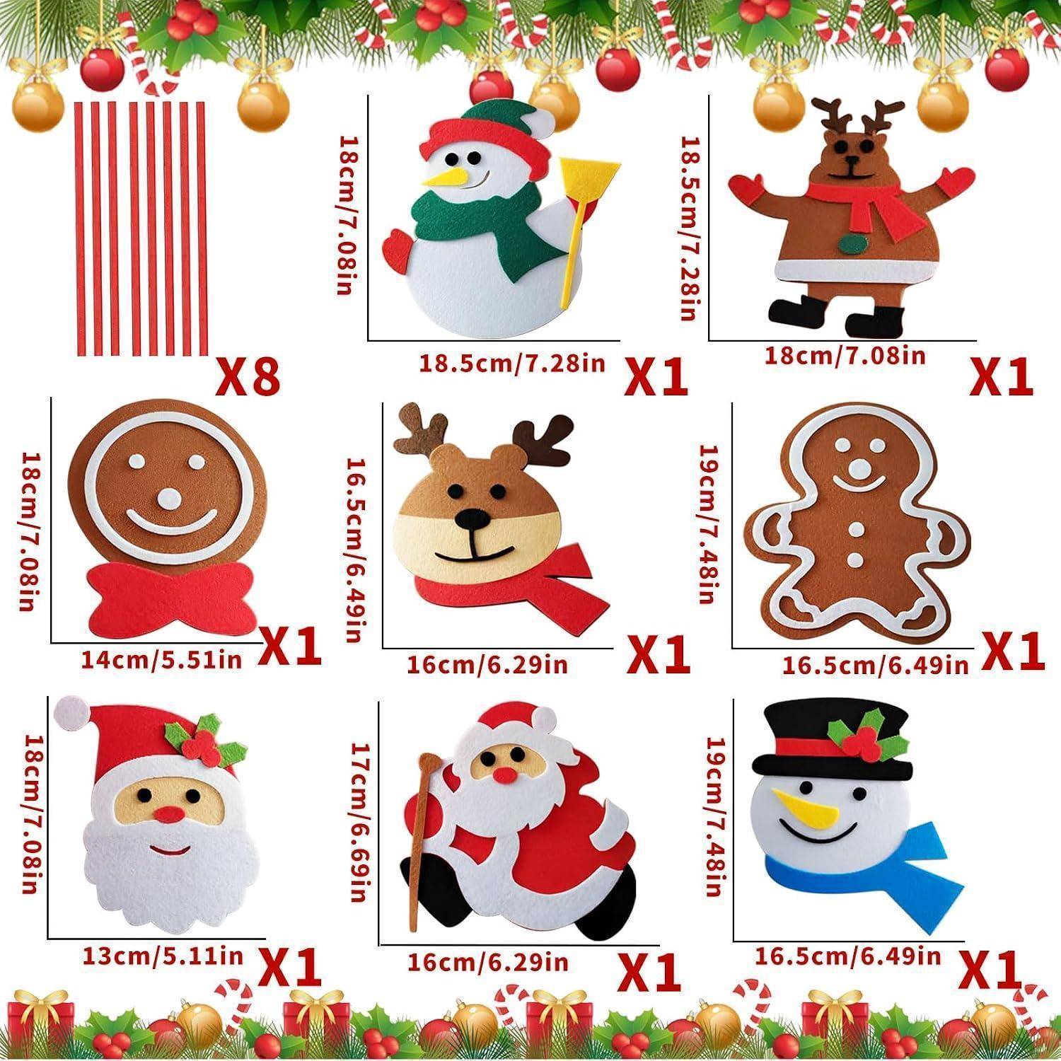 Weihnachtsthematisches Filzdekorationset mit 8 rot-weißen Zuckerstangen und 7 Ornamenten: Schneemann, Rentier, Lebkuchen-Männchen, Lebkuchen-Gesicht, Rentier-Gesicht, Weihnachtsmann und ein weiterer Schneemann.