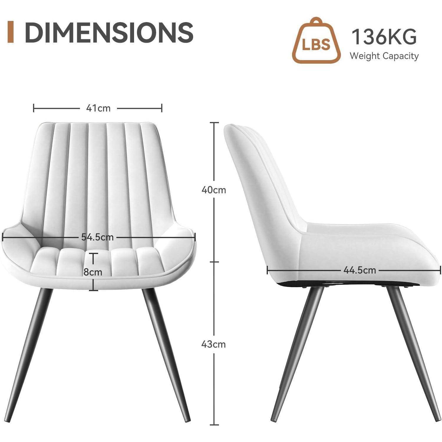 Dimensionsdiagramm eines weißen Stuhls mit Größenangaben: 41 cm breit, 54,5 cm Sitzbreite, 40 cm Rückenlehne, 43 cm Beinhöhe, 44,5 cm Tiefe, 8 cm Kissen; Tragfähigkeit 136 kg.