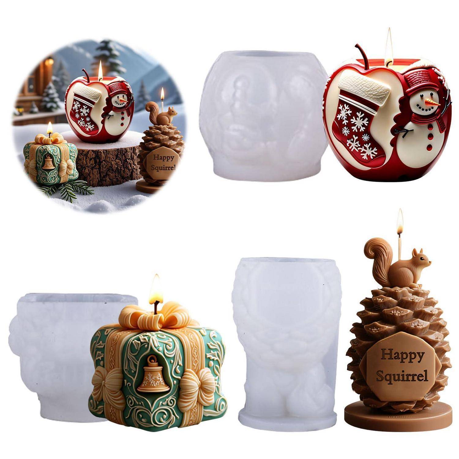Produktbild mit mehreren dekorativen Silikonform-Designs, darunter ein Schneemann-Apfel, eine Eule, ein verpacktes Geschenk und eichhornförmige Kerzenhalter.