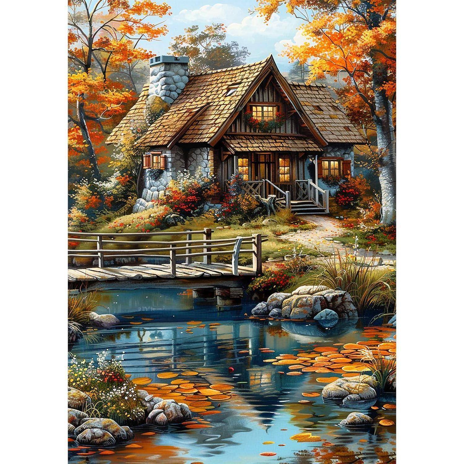 Ein gemütliches Häuschen mit einem Steinkamin steht an einem Teich und einer Fußgängerbrücke inmitten von Herbstbäumen, wobei bunte Blätter sich im Wasser spiegeln.
