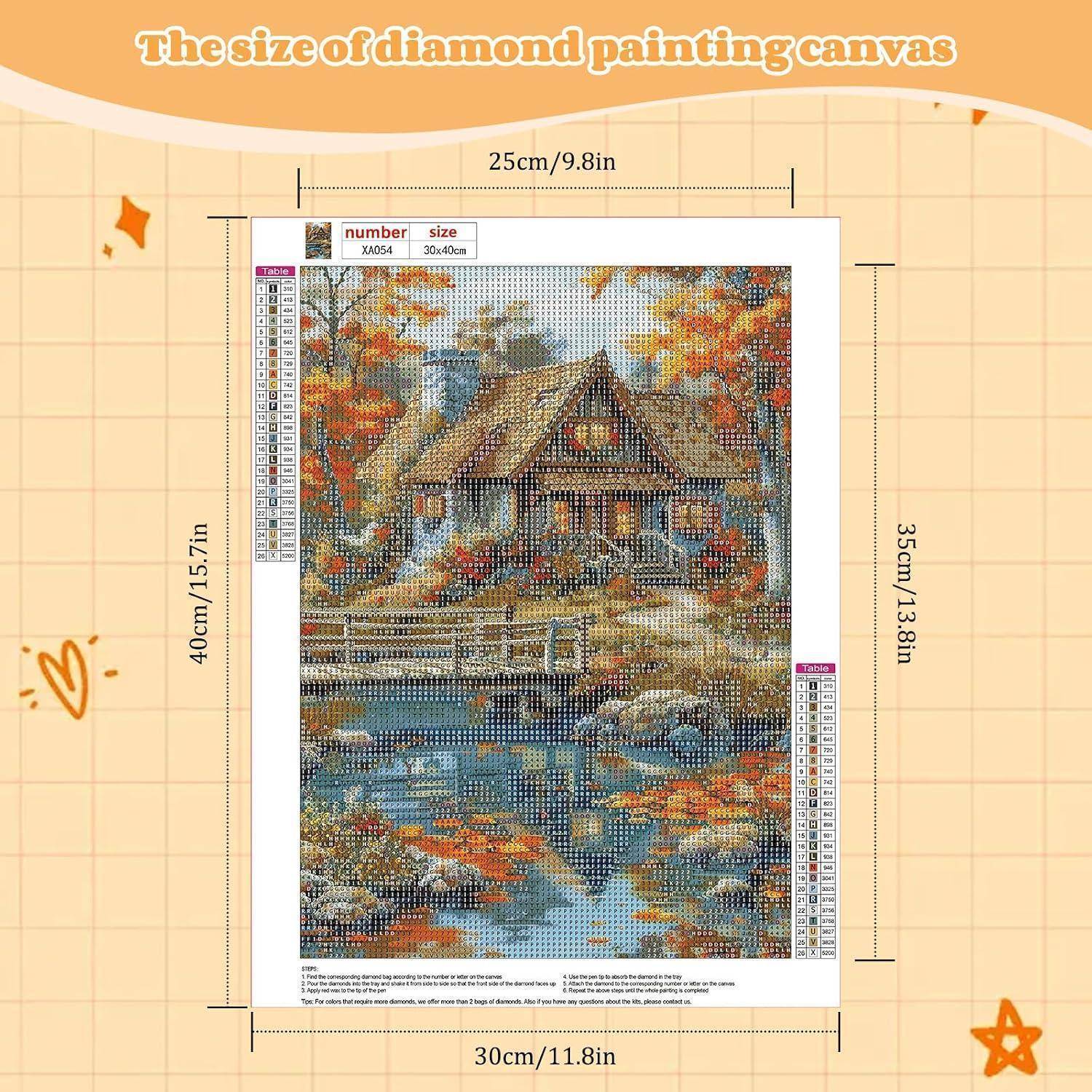 Diagramm, das die Größe der Diamond-Painting-Leinwand zeigt: 25 cm breit x 35 cm hoch, mit fertiggestellter Fläche 30 x 40 cm, die um eine Landhausszenerie angezeigt wird.
